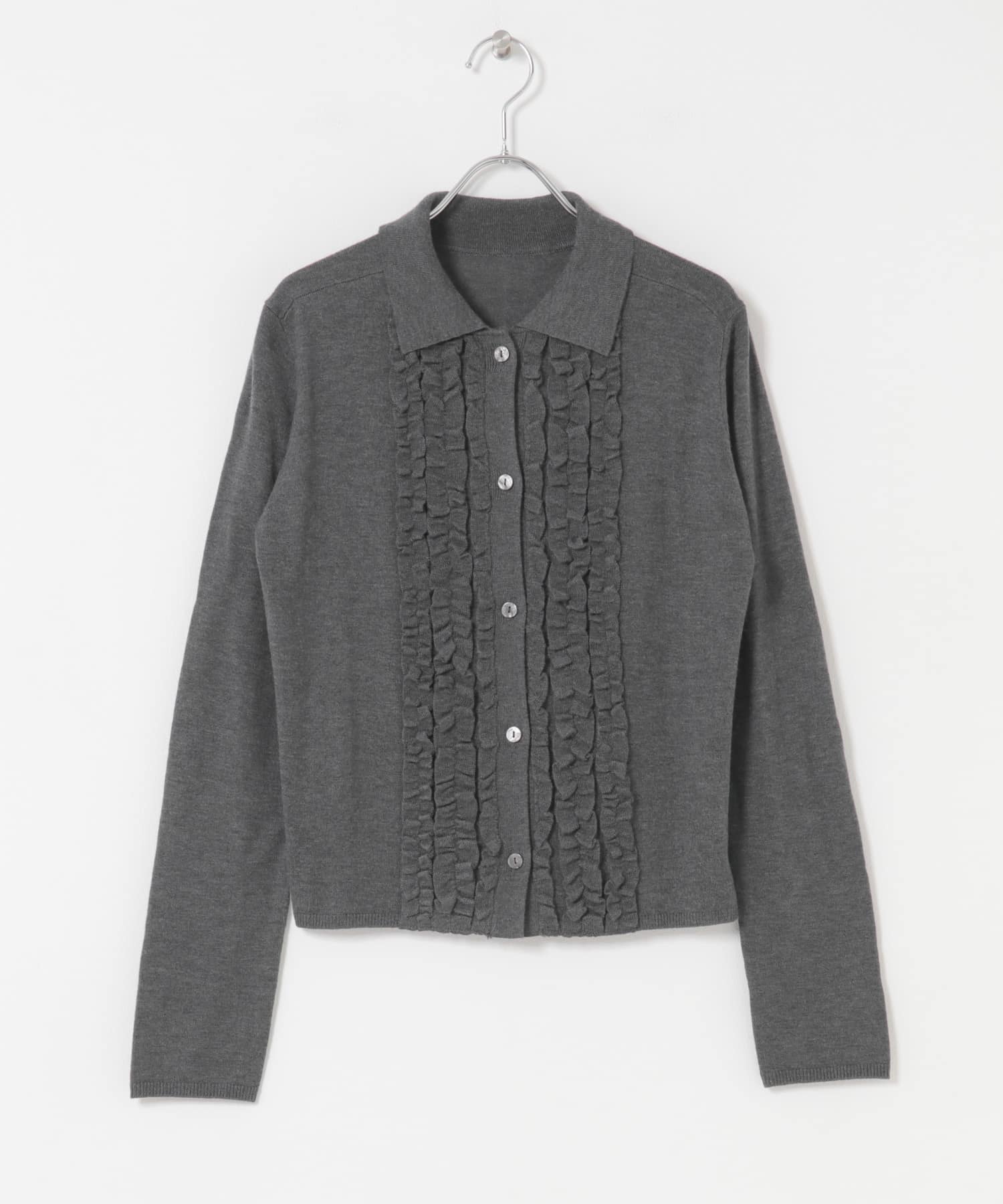 シルク混フリルニットシャツ チャコール Free