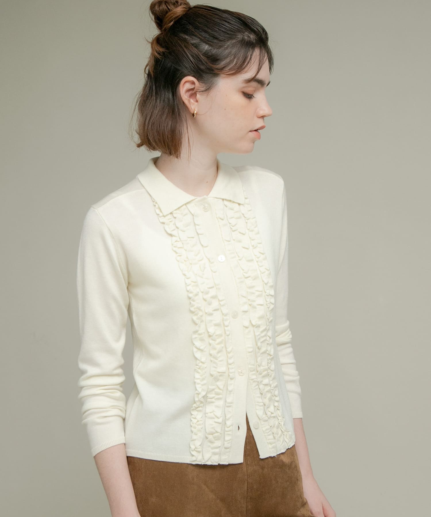 シルク混フリルニットシャツ