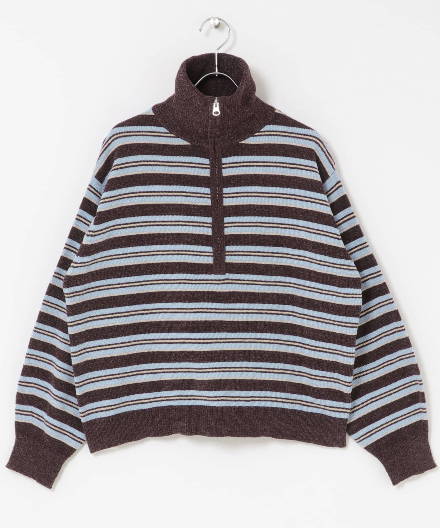 モールヤーンマルチボーダーハーフジッププルオーバー ブラウン系 Free