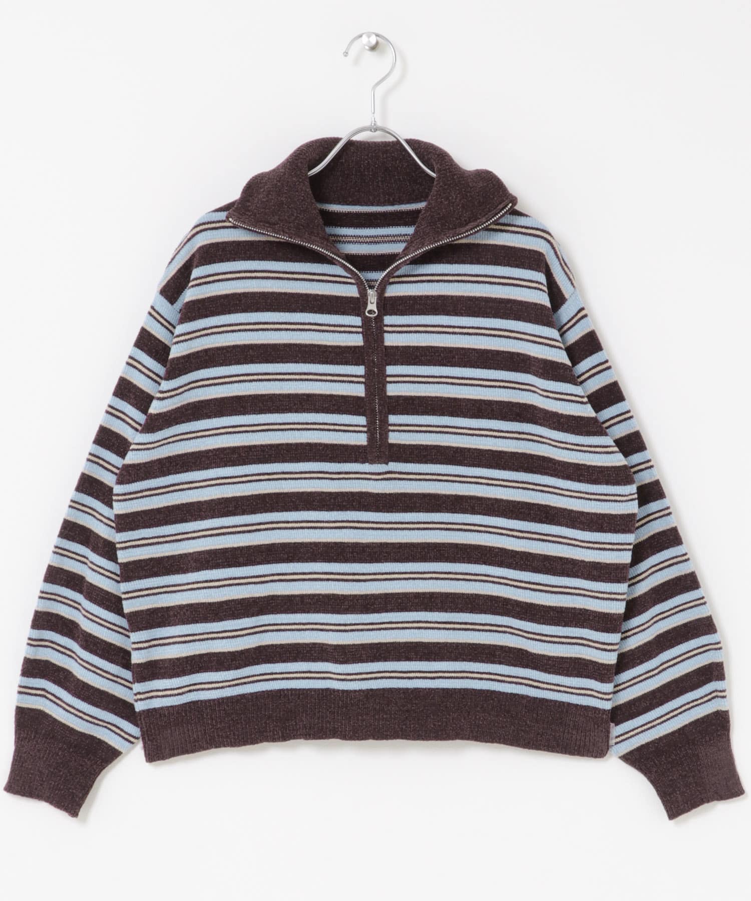 モールヤーンマルチボーダーハーフジッププルオーバー ブラウン系 Free