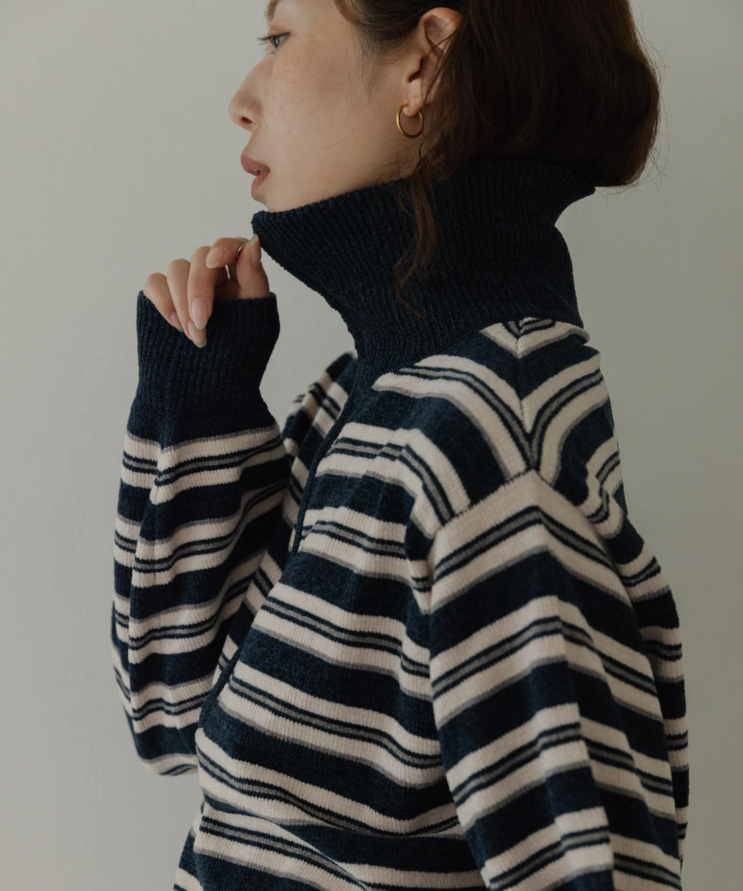 モールヤーンマルチボーダーハーフジッププルオーバー