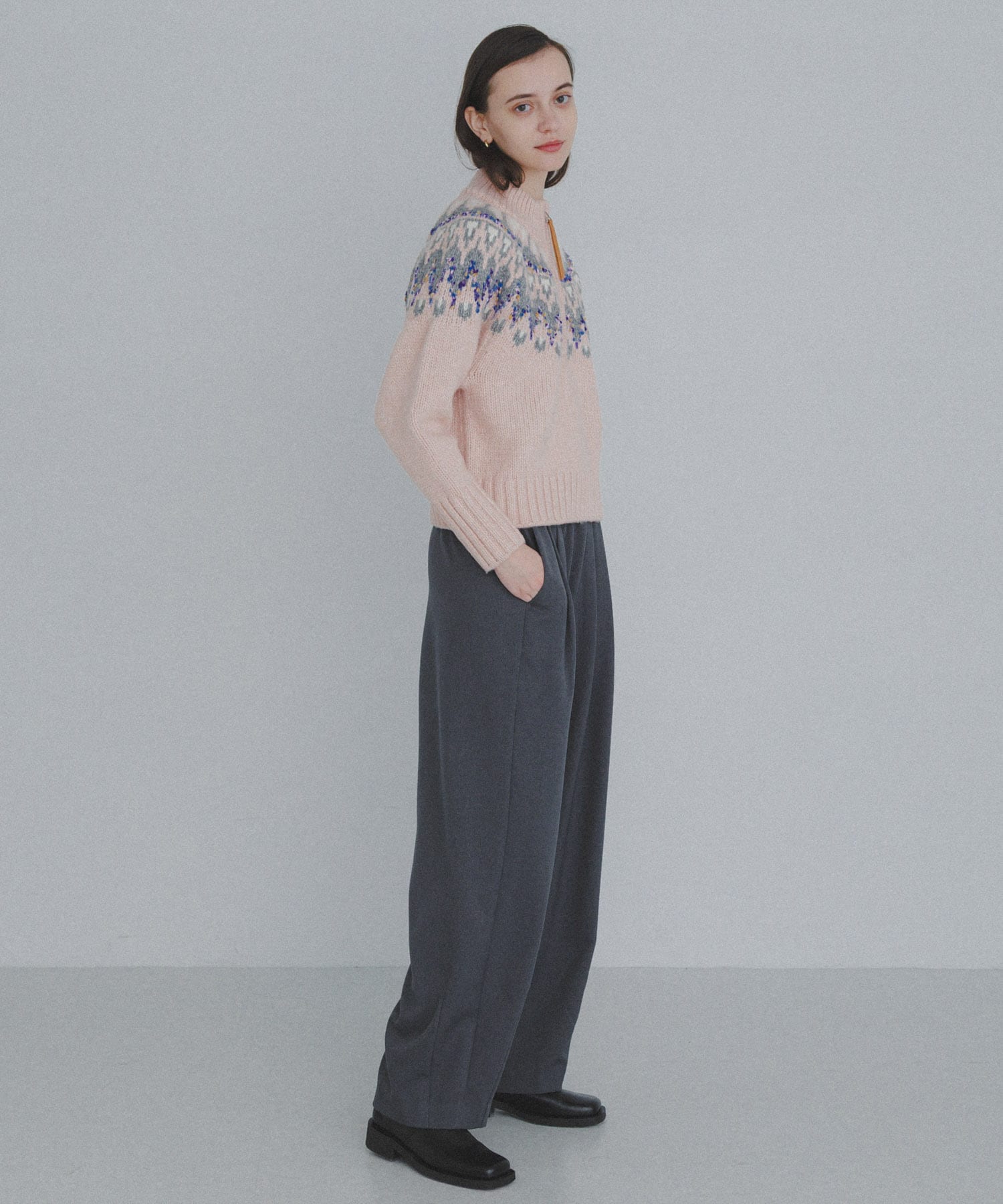 ハーフZIP求心ノルディック柄ニット(Free ブラウン系): トップス