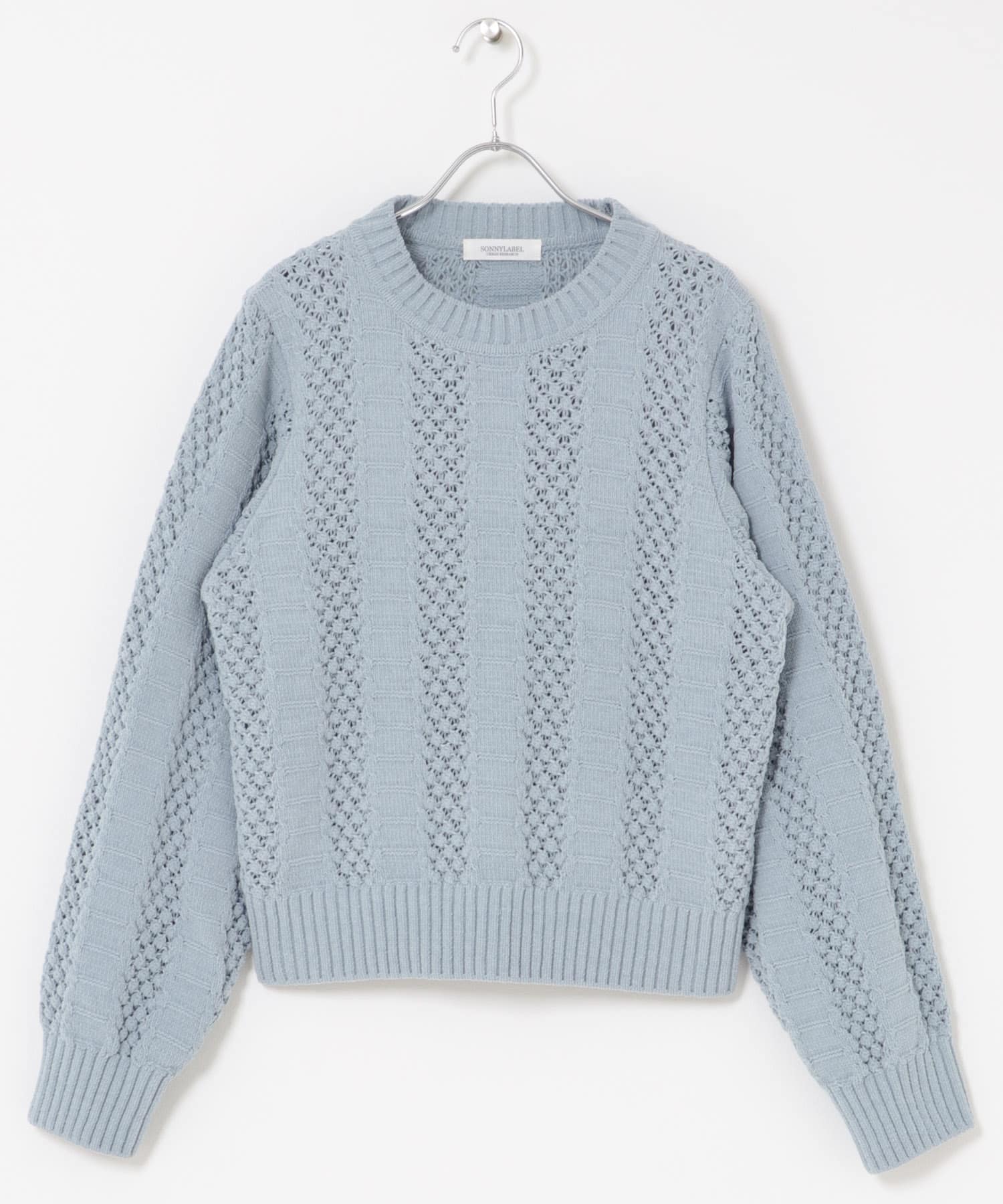 ベロアモールアイレット柄編みニットプルオーバー ブルーグレー Free