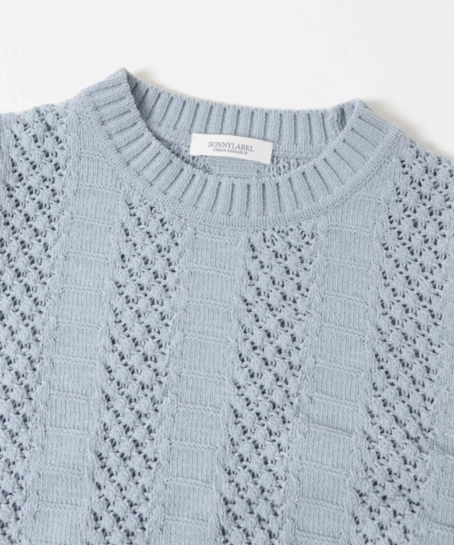 ベロアモールアイレット柄編みニットプルオーバー ブルーグレー Free