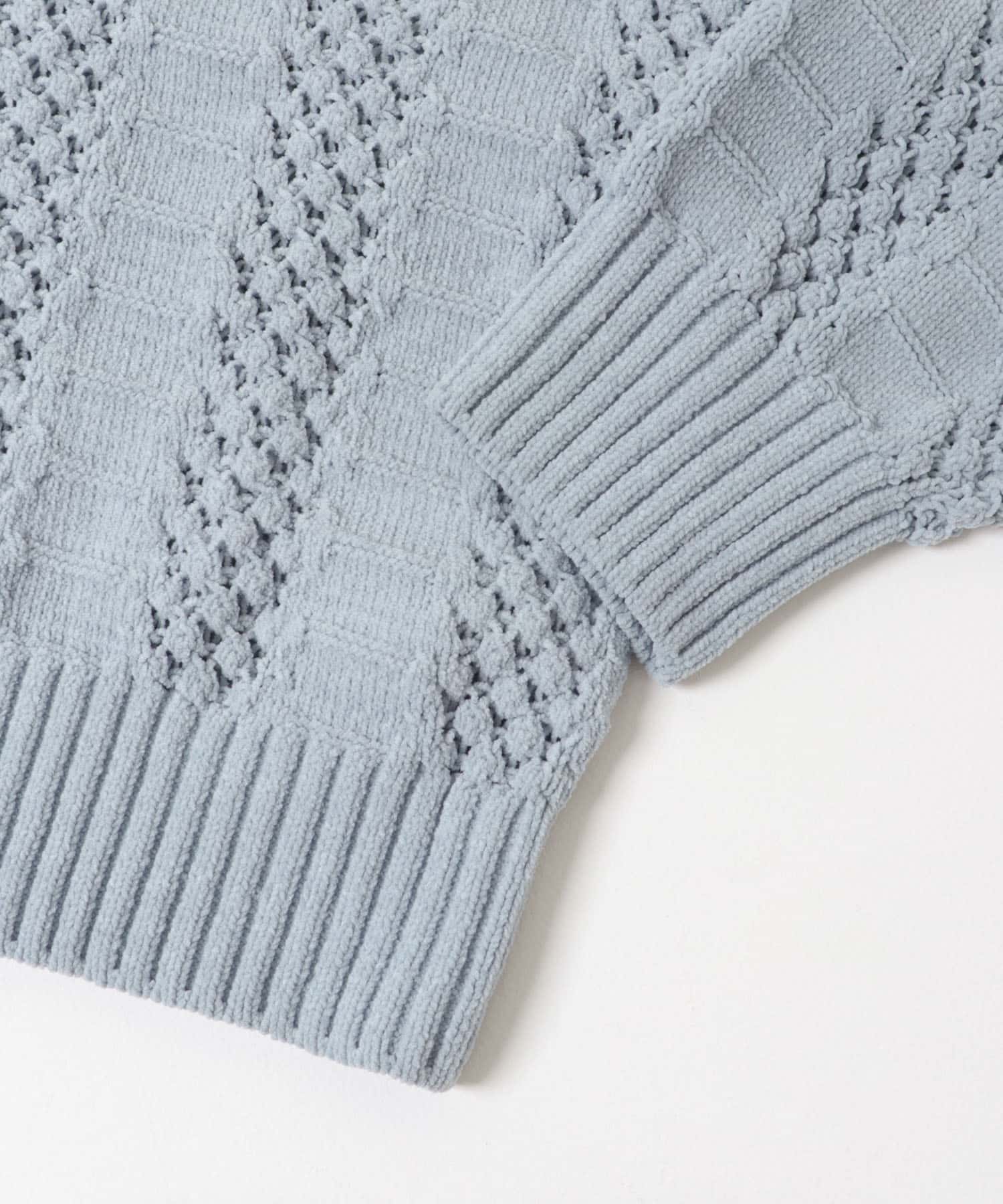 ベロアモールアイレット柄編みニットプルオーバー ブルーグレー Free