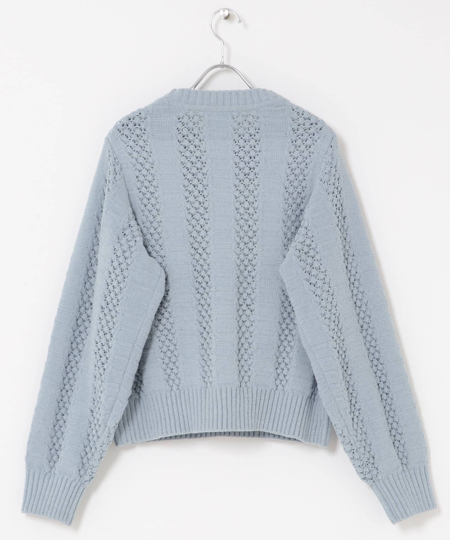 ベロアモールアイレット柄編みニットプルオーバー ブルーグレー Free