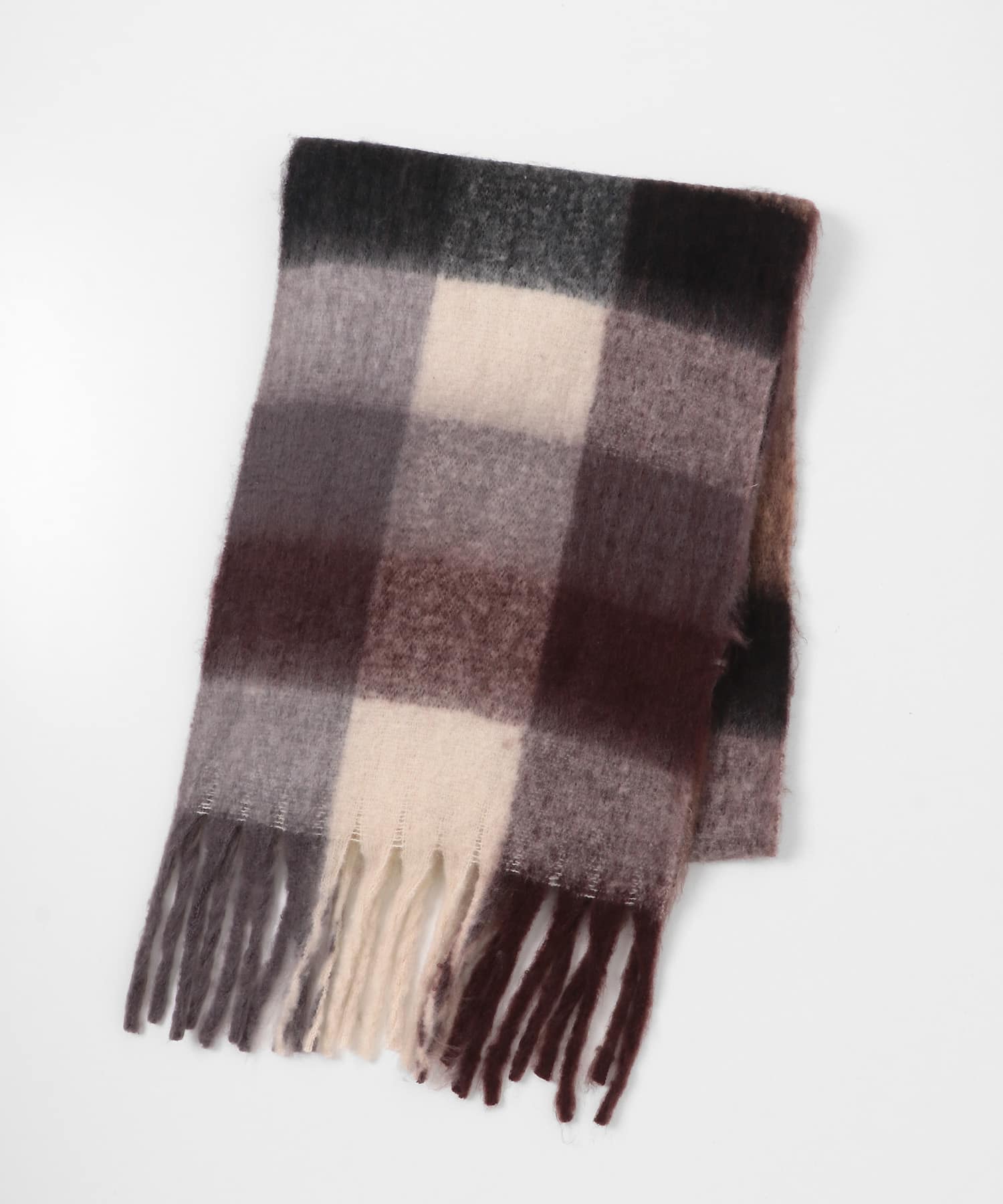 フラッフィーボリュームチェックマフラー ブラウン系 One