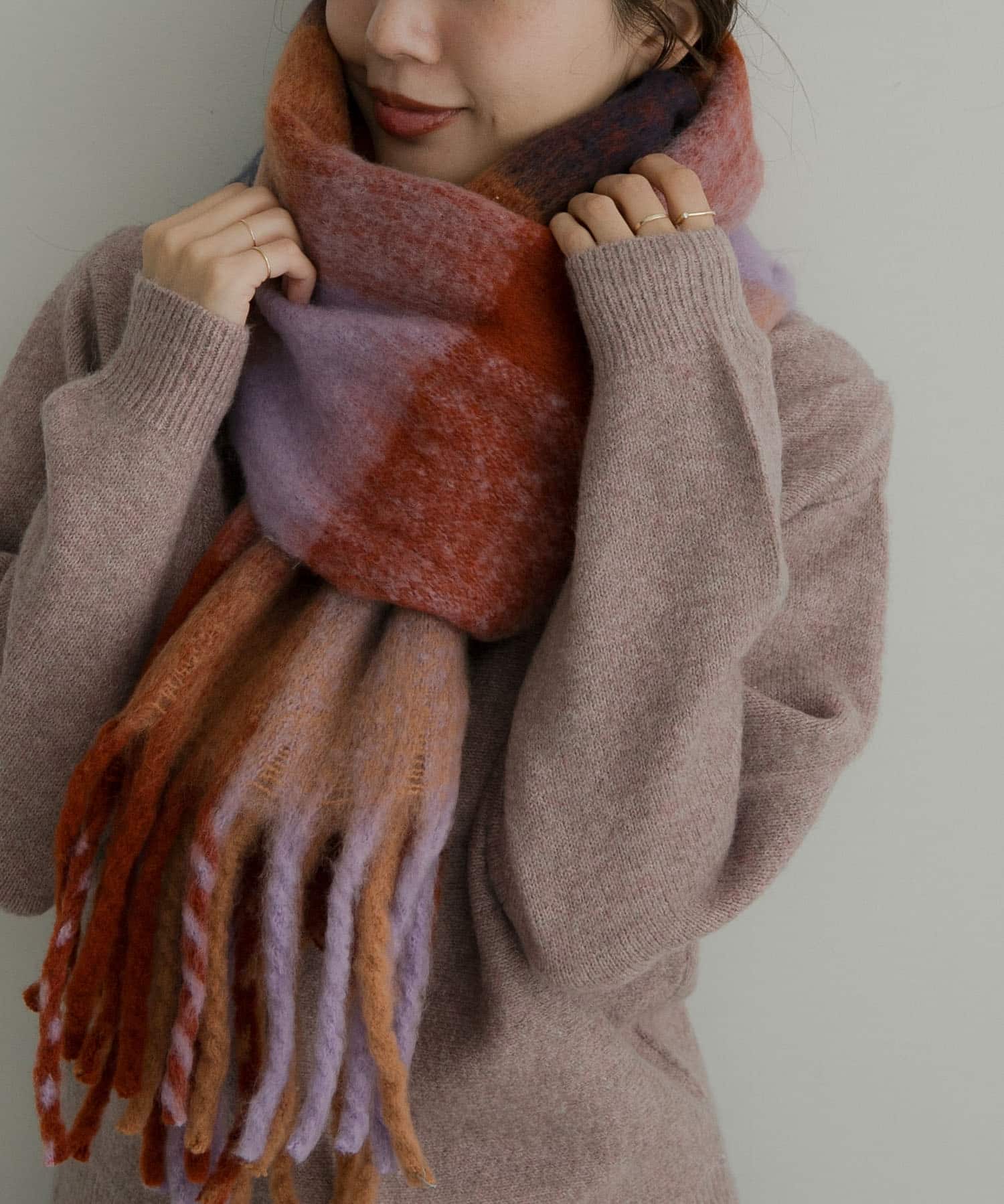 フラッフィーボリュームチェックマフラー オレンジ系 One