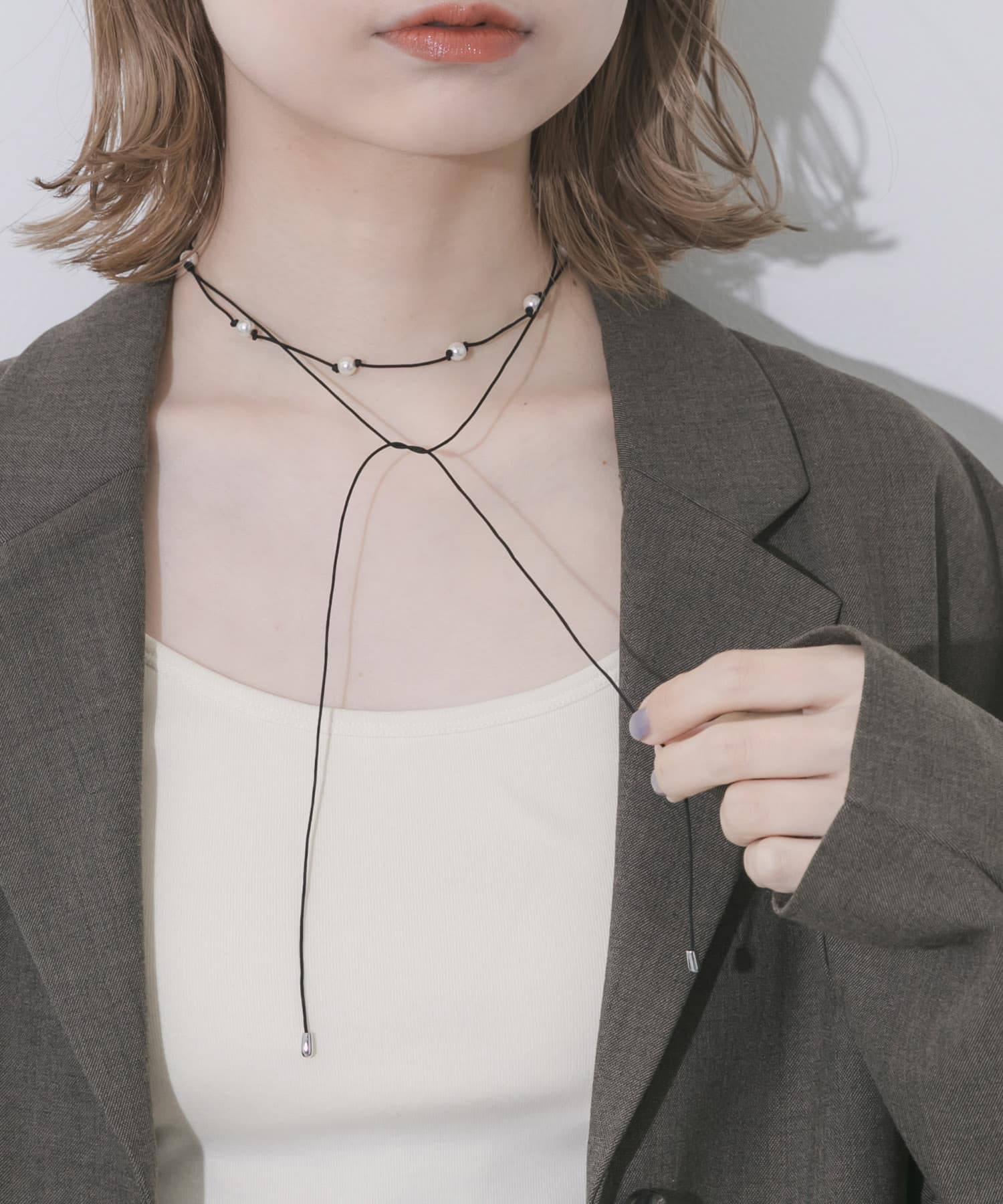 パールコードチョーカーネックレス BK/WH -