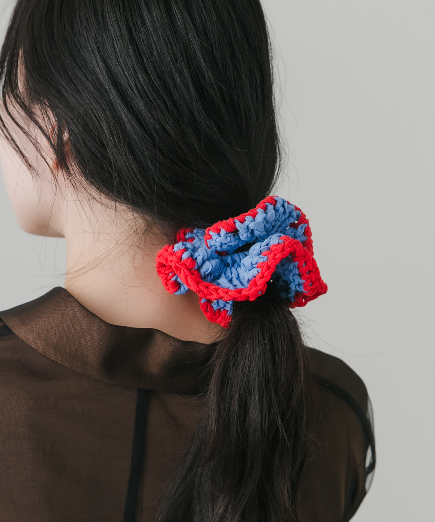 バイカラーニットシュシュ BL/RE -