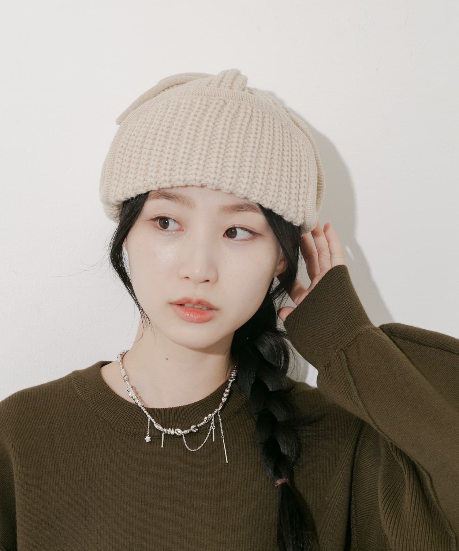 リブニットフライトキャップ BEG -