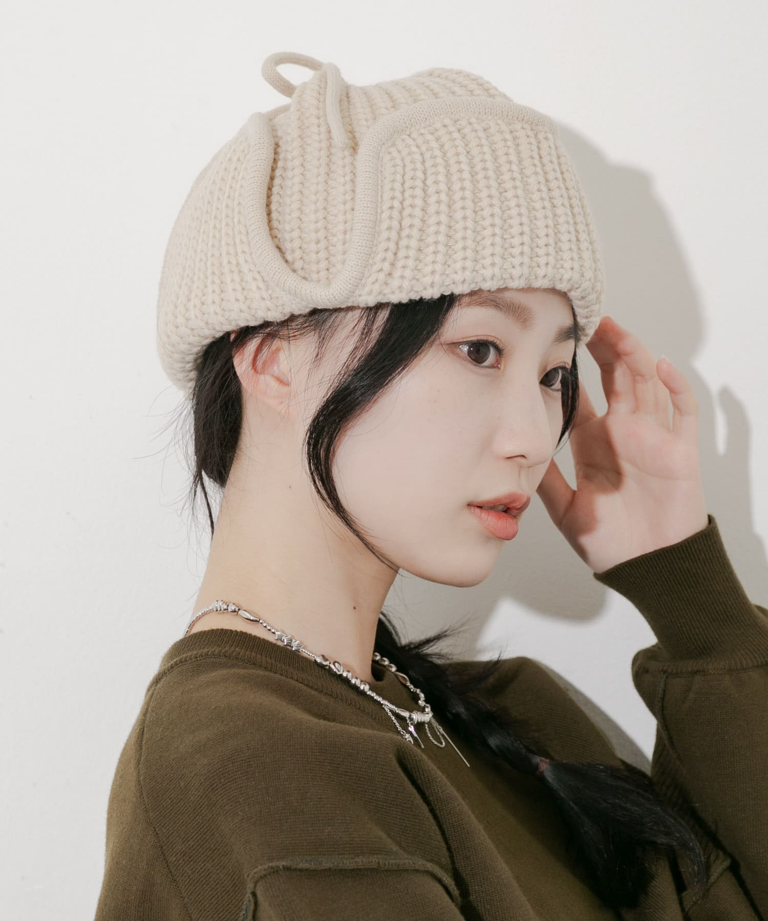 リブニットフライトキャップ BEG -