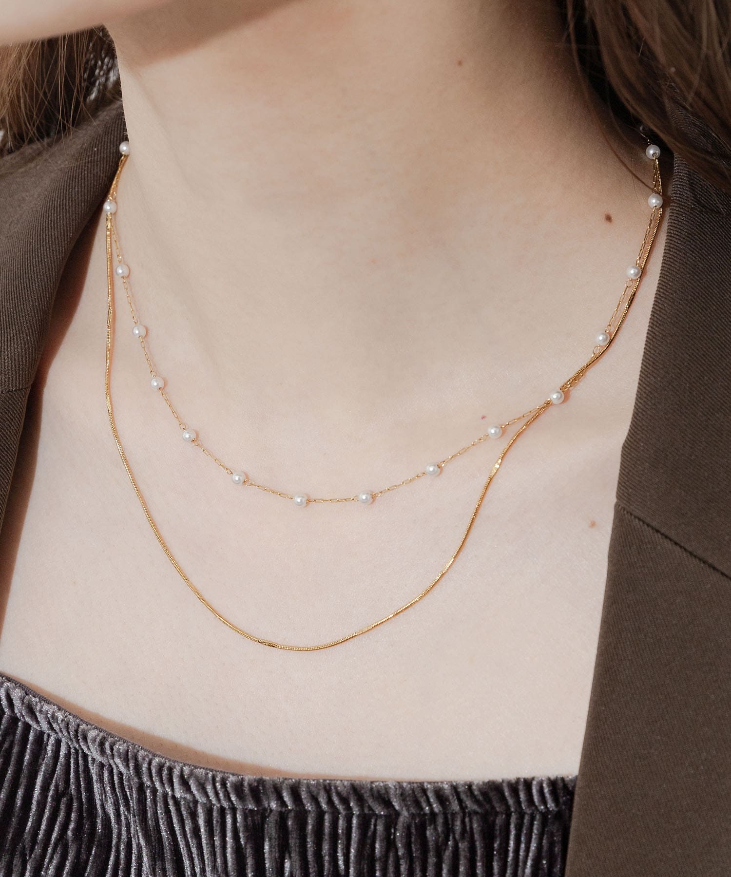 ステンレスパール2レイヤードネックレス