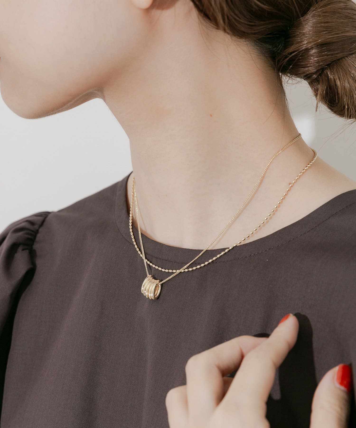 オーバルフープチャーム2セットネックレス GLD -