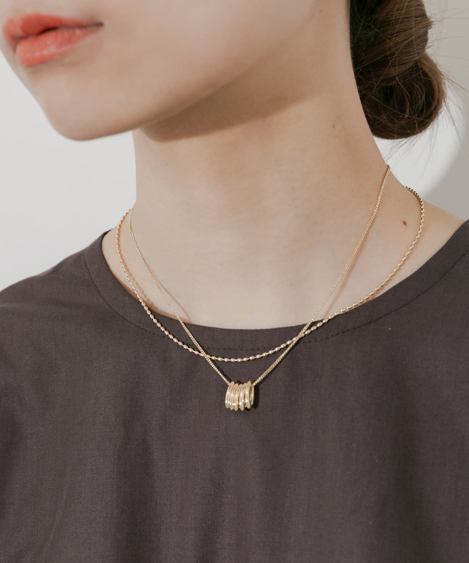 オーバルフープチャーム2セットネックレス GLD -