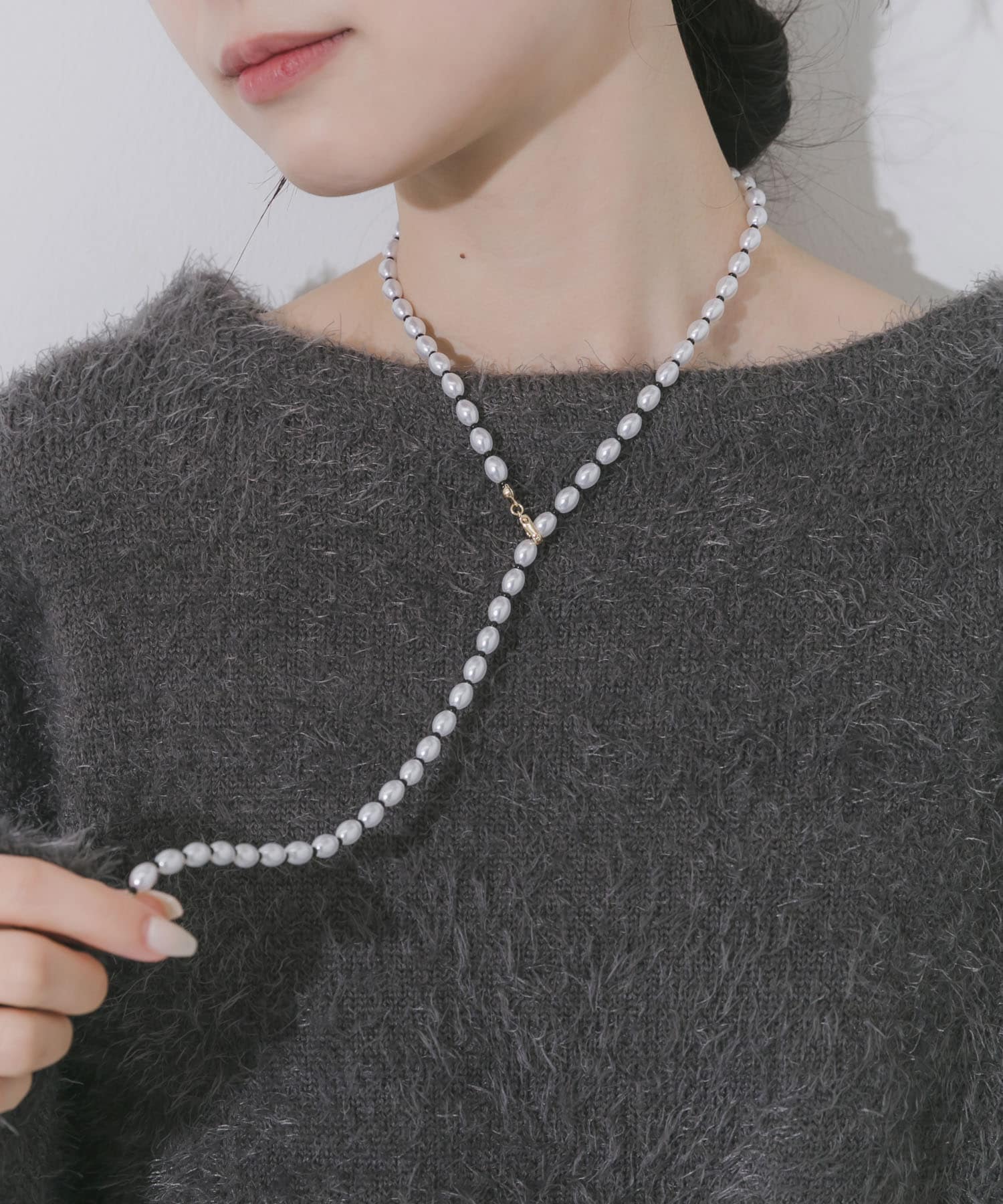 パールビーズYネックレス WH/BK -0