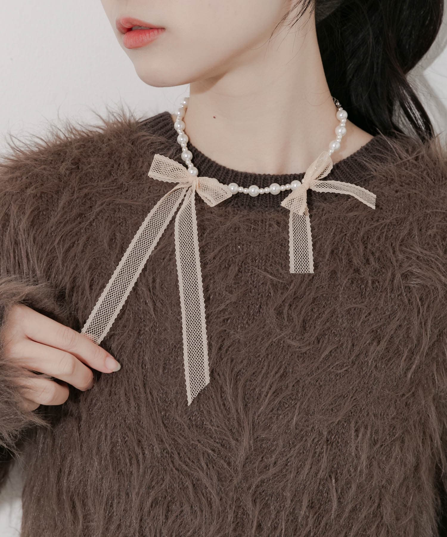 レースリボンパールネックレス PBE/WH -