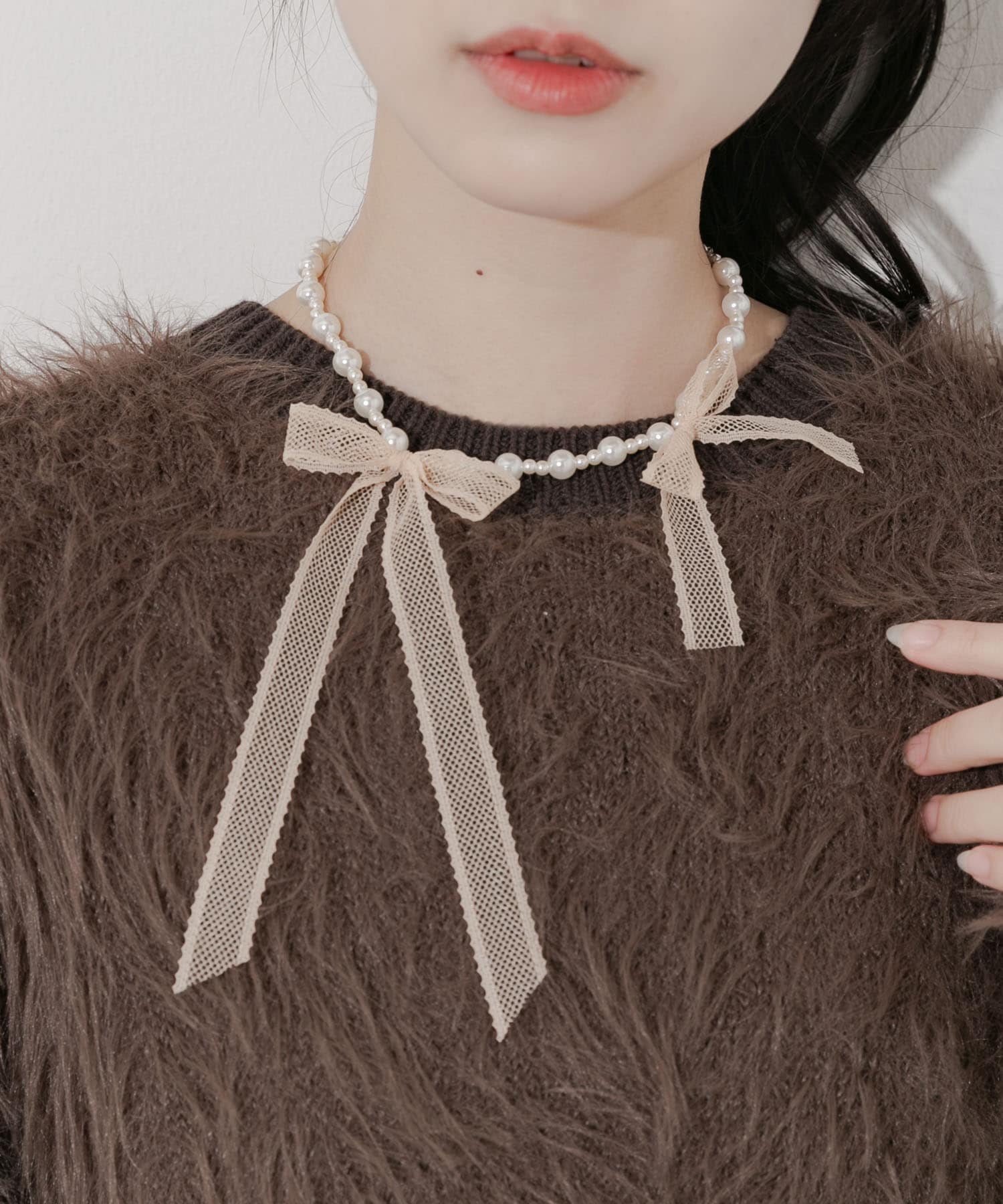 レースリボンパールネックレス PBE/WH -