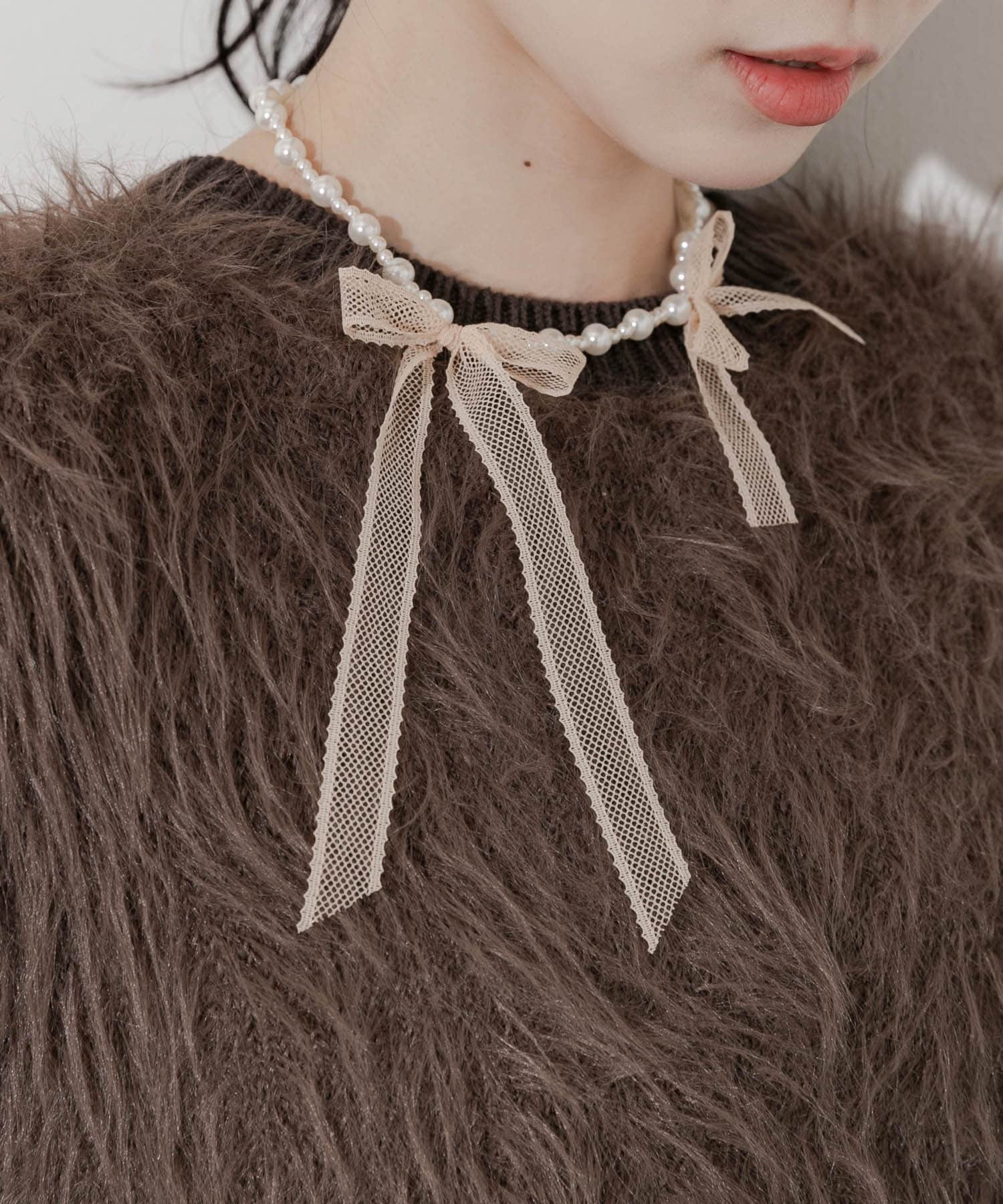 レースリボンパールネックレス PBE/WH -