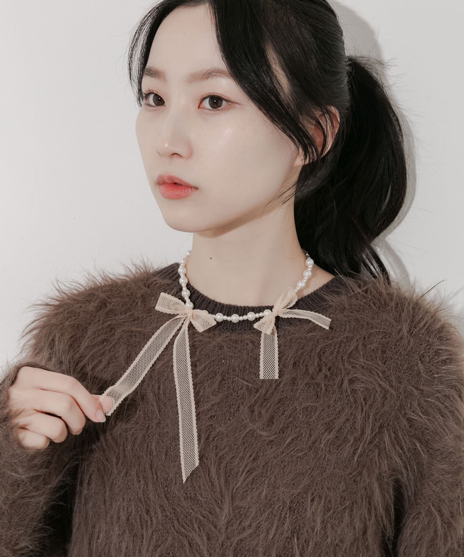 レースリボンパールネックレス PBE/WH -