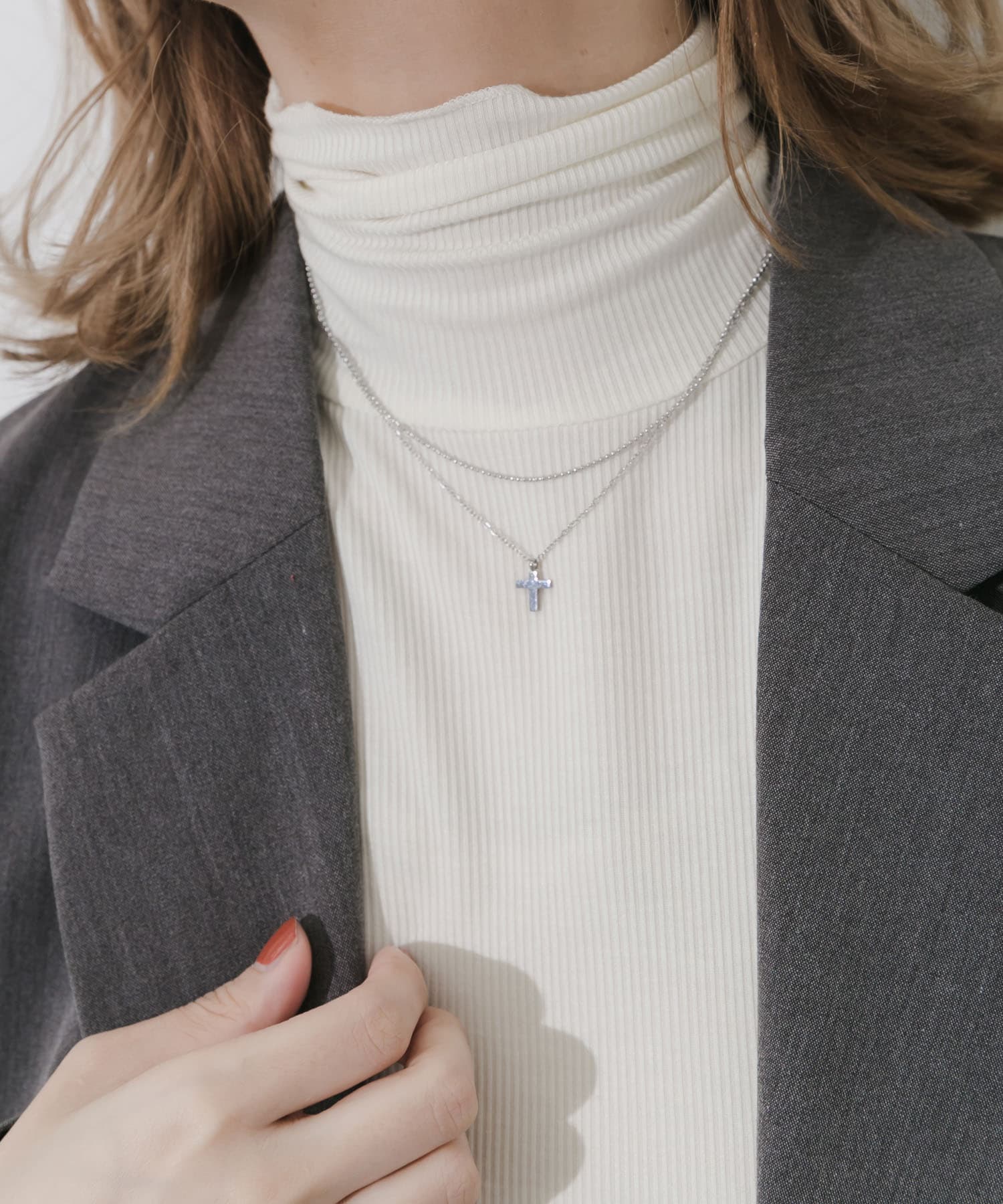 ステンレスクロストップレイヤードネックレス SLV -