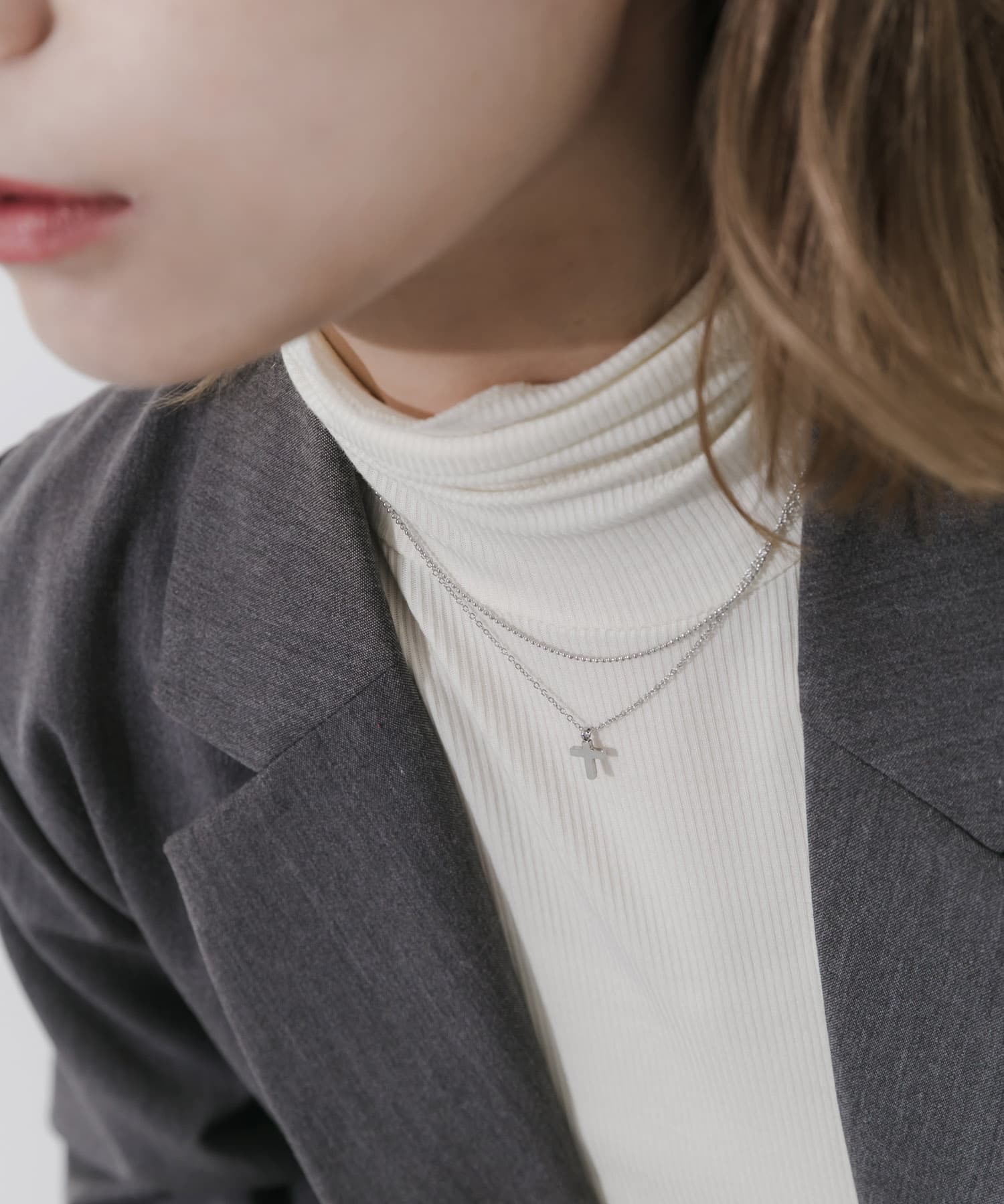 ステンレスクロストップレイヤードネックレス SLV -