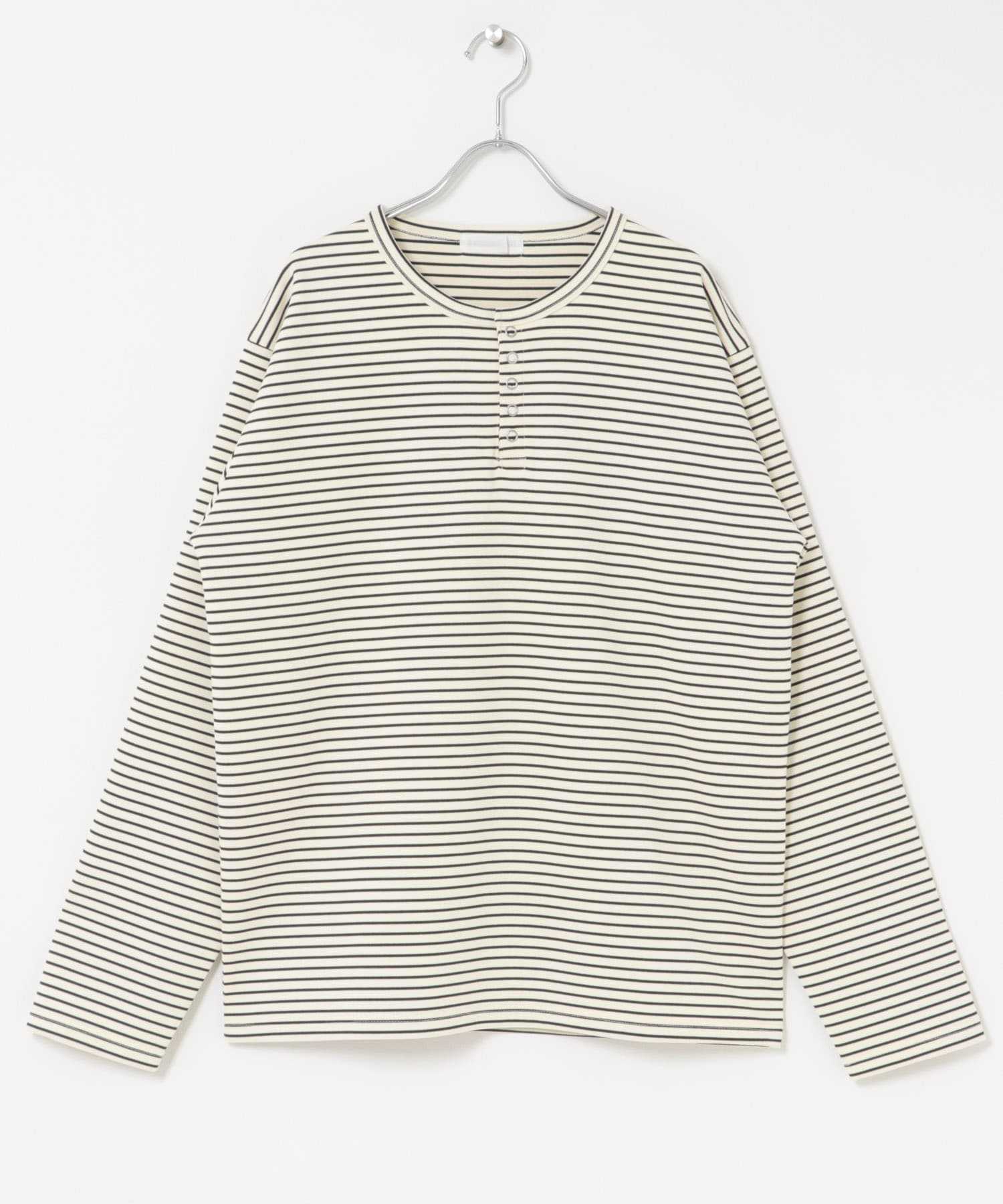 ボーダーヘンリーネックロングTシャツ IVO×BLK M
