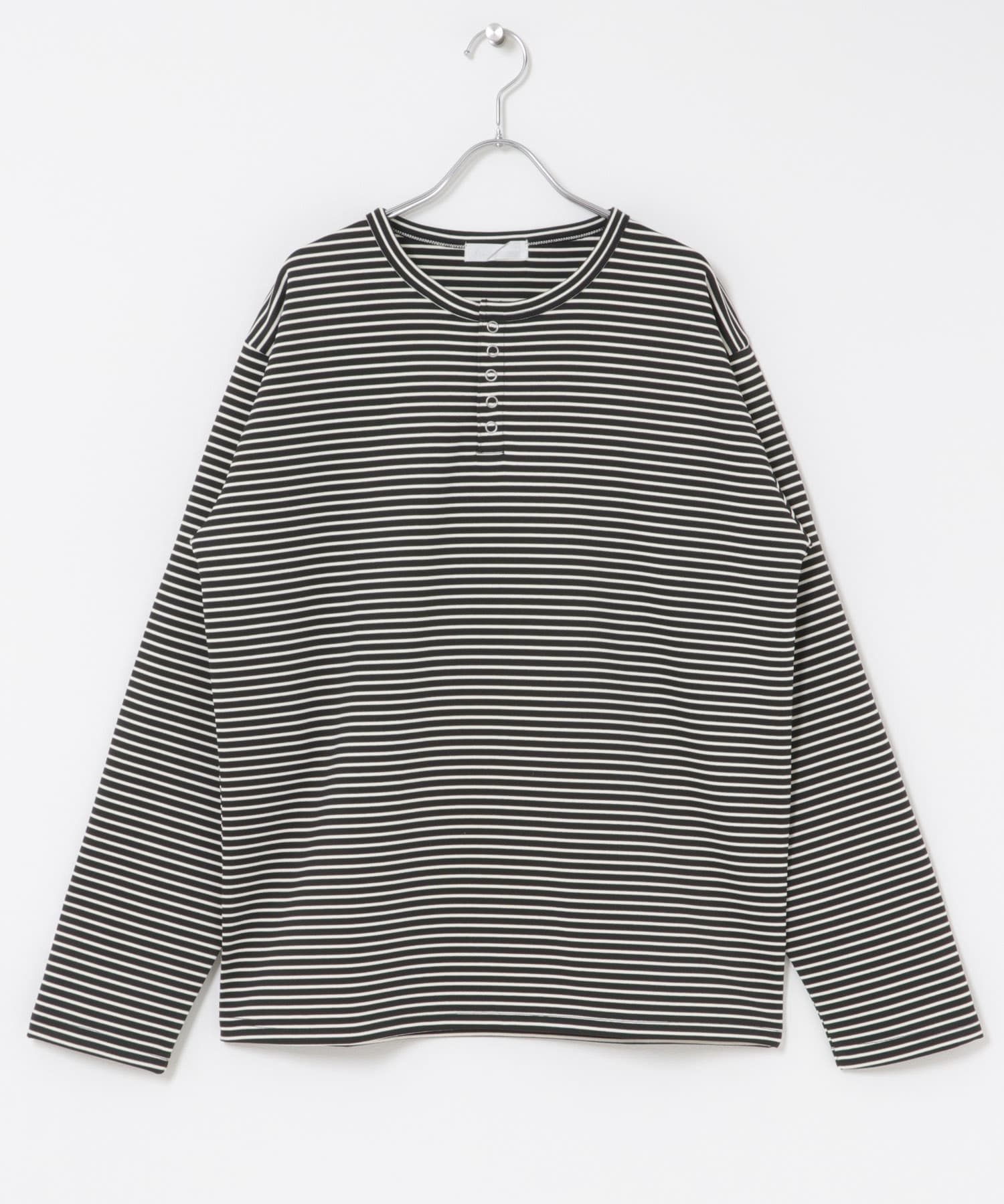 ボーダーヘンリーネックロングTシャツ BLK×IVO M