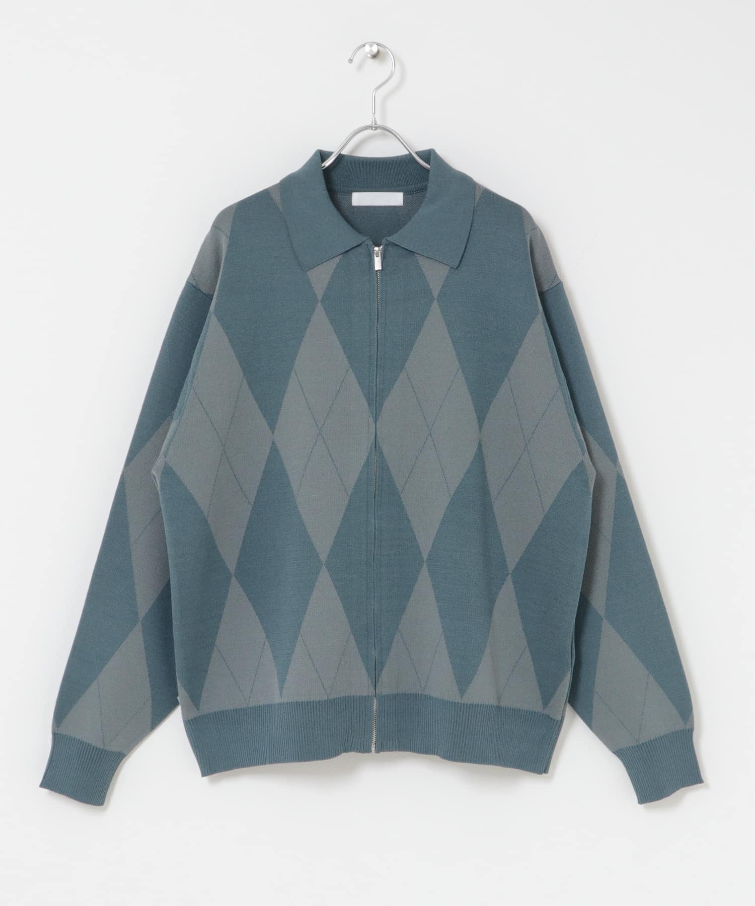 『洗濯可』アーガイルジップニットカーディガン BLUE GRAY M