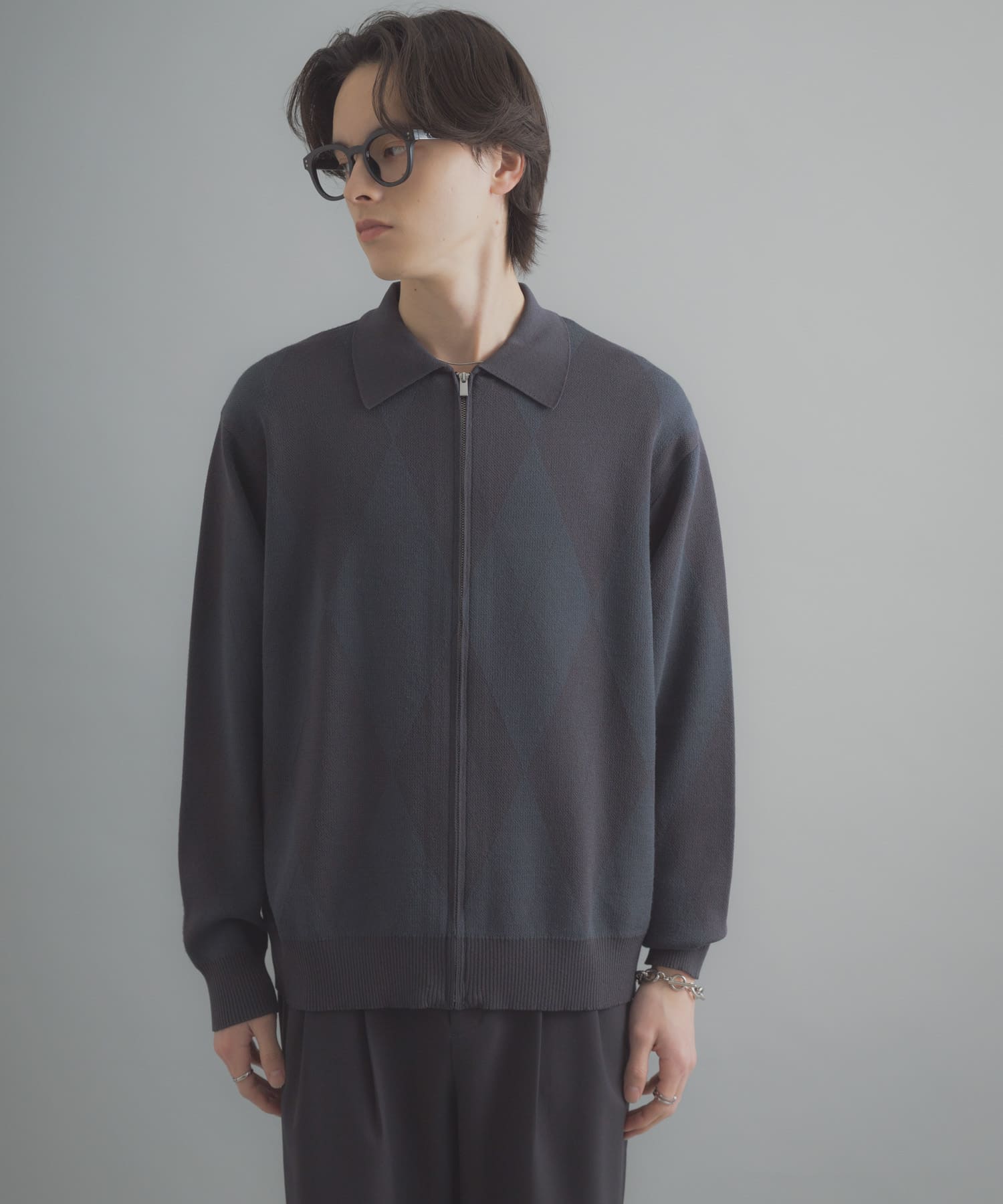 『洗濯可』アーガイルジップニットカーディガン NAVY M