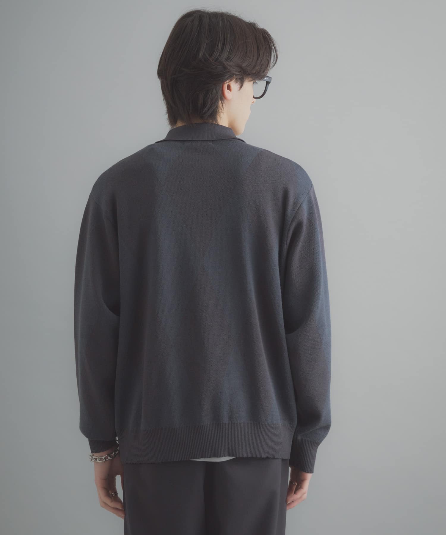 『洗濯可』アーガイルジップニットカーディガン NAVY M