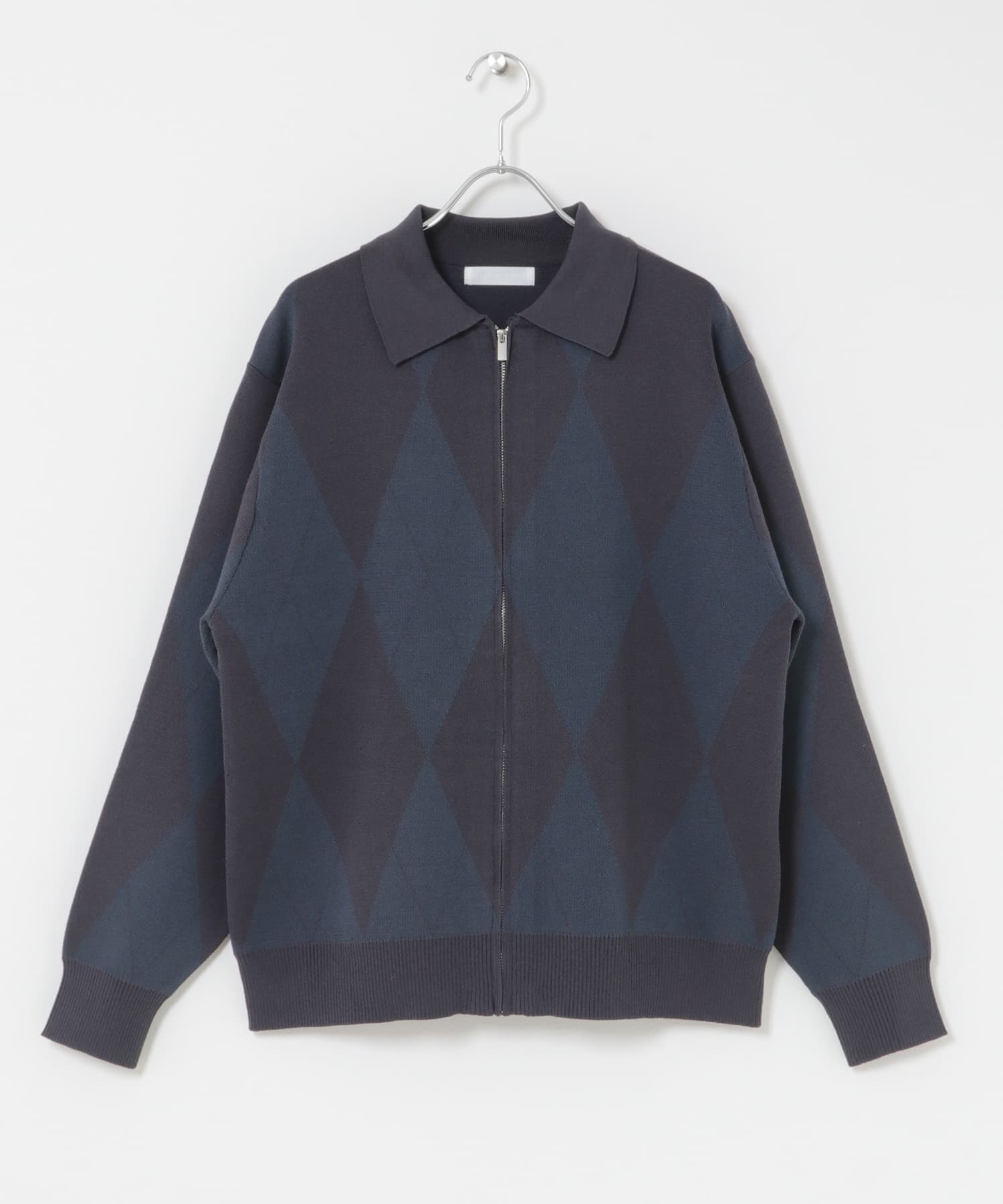『洗濯可』アーガイルジップニットカーディガン NAVY M