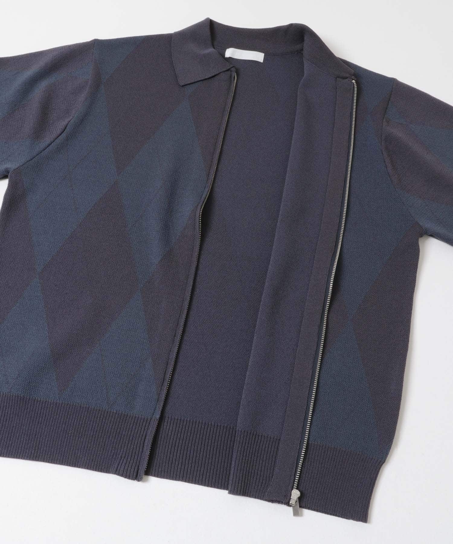 『洗濯可』アーガイルジップニットカーディガン NAVY M