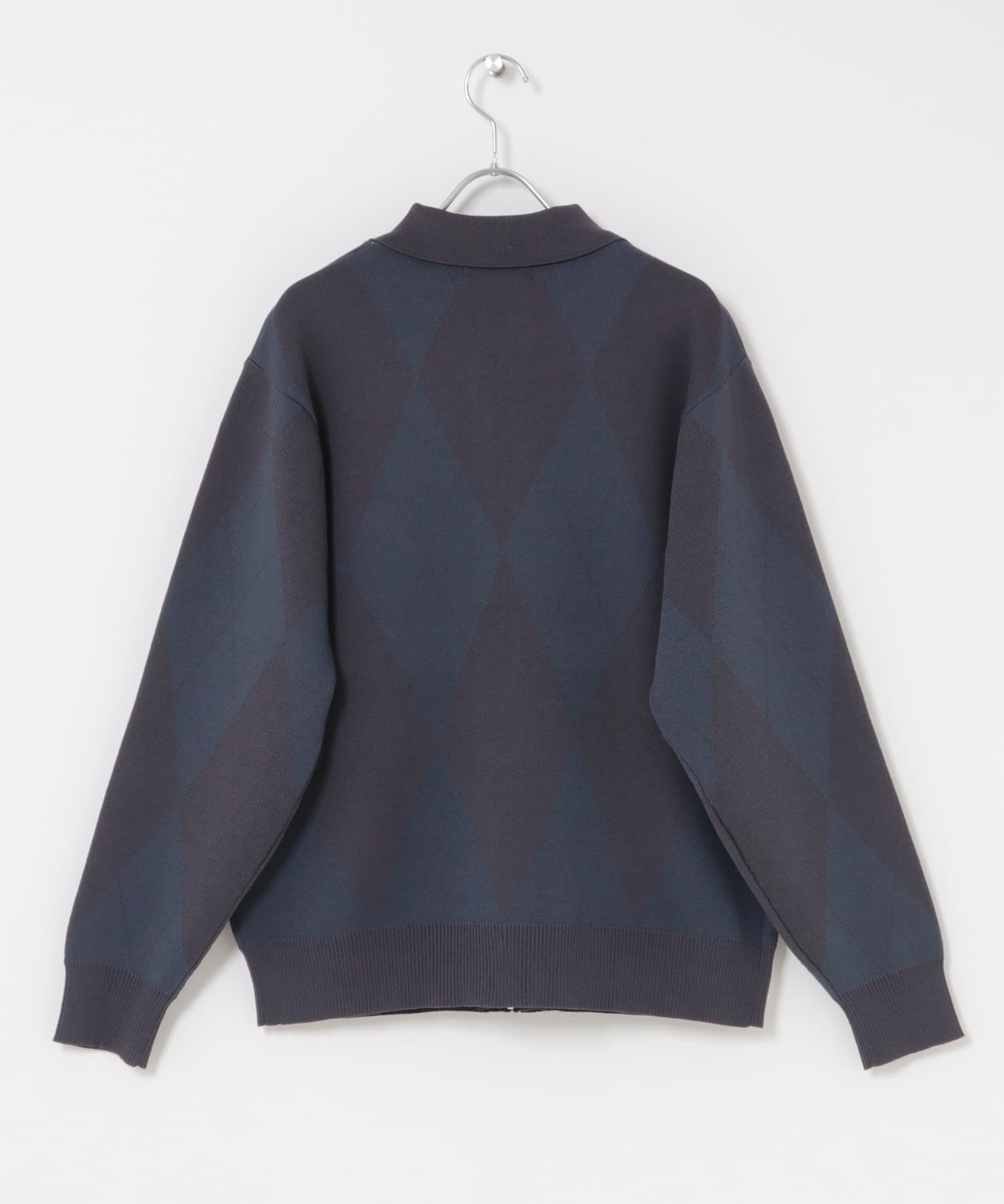 『洗濯可』アーガイルジップニットカーディガン NAVY M