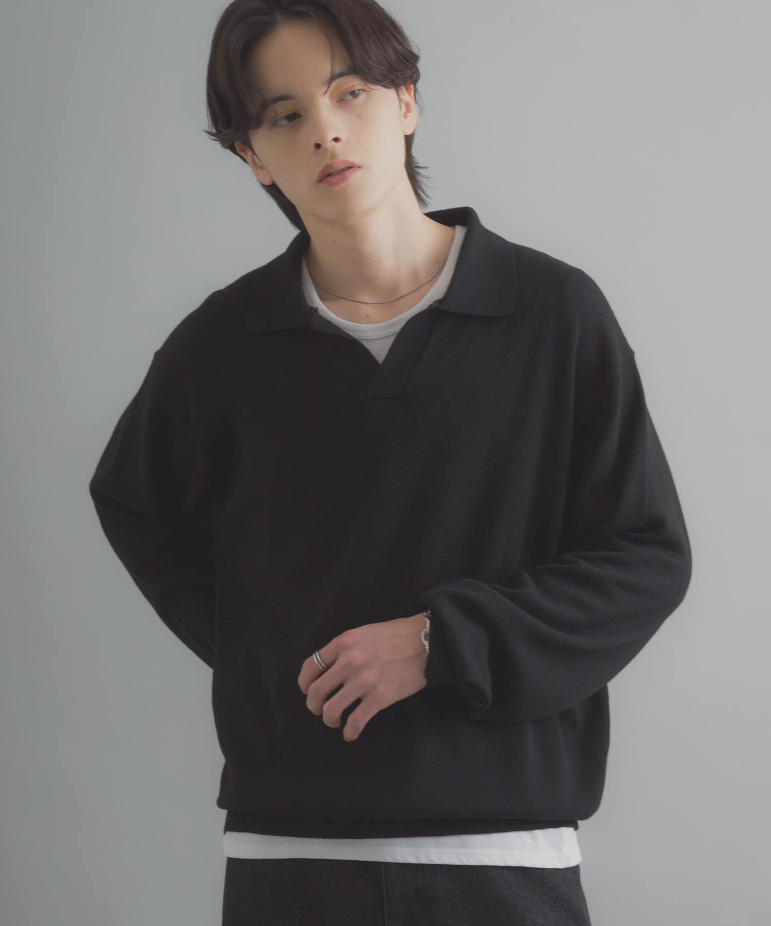 『洗濯可』スキッパーロングスリーブニット