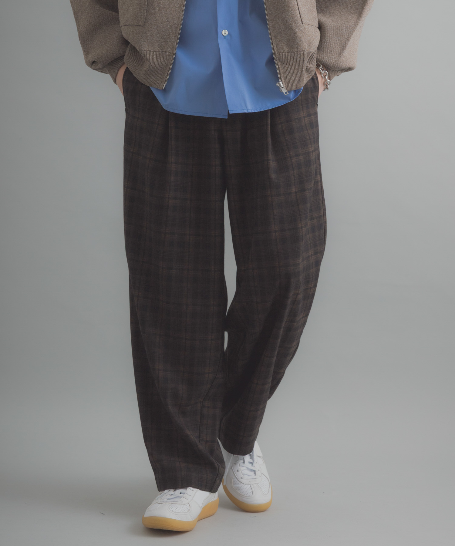 チェックバレルレッグワイドパンツ