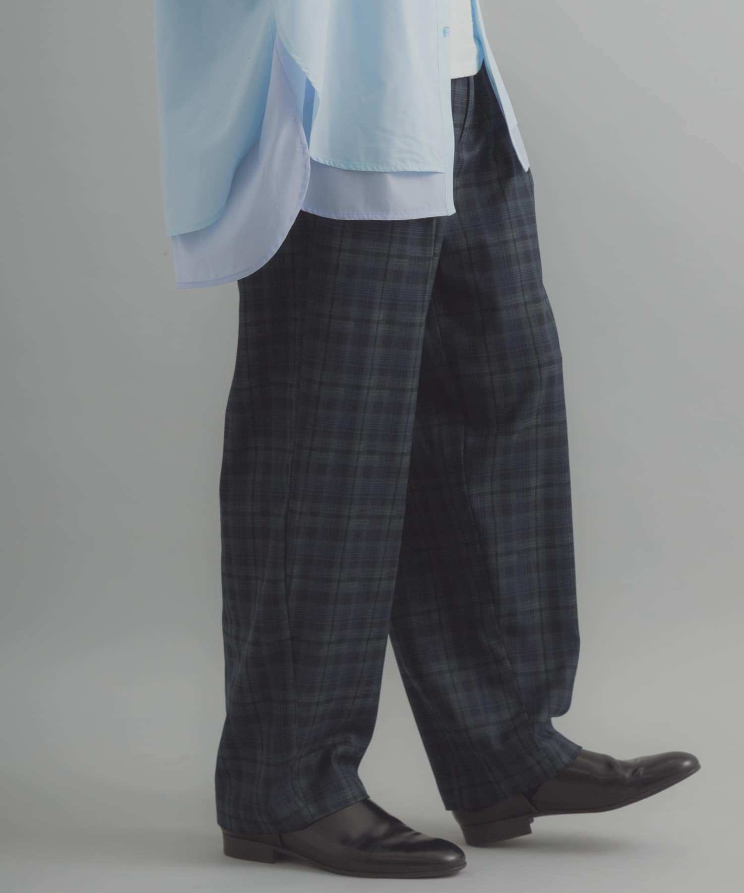 チェックバレルレッグワイドパンツ