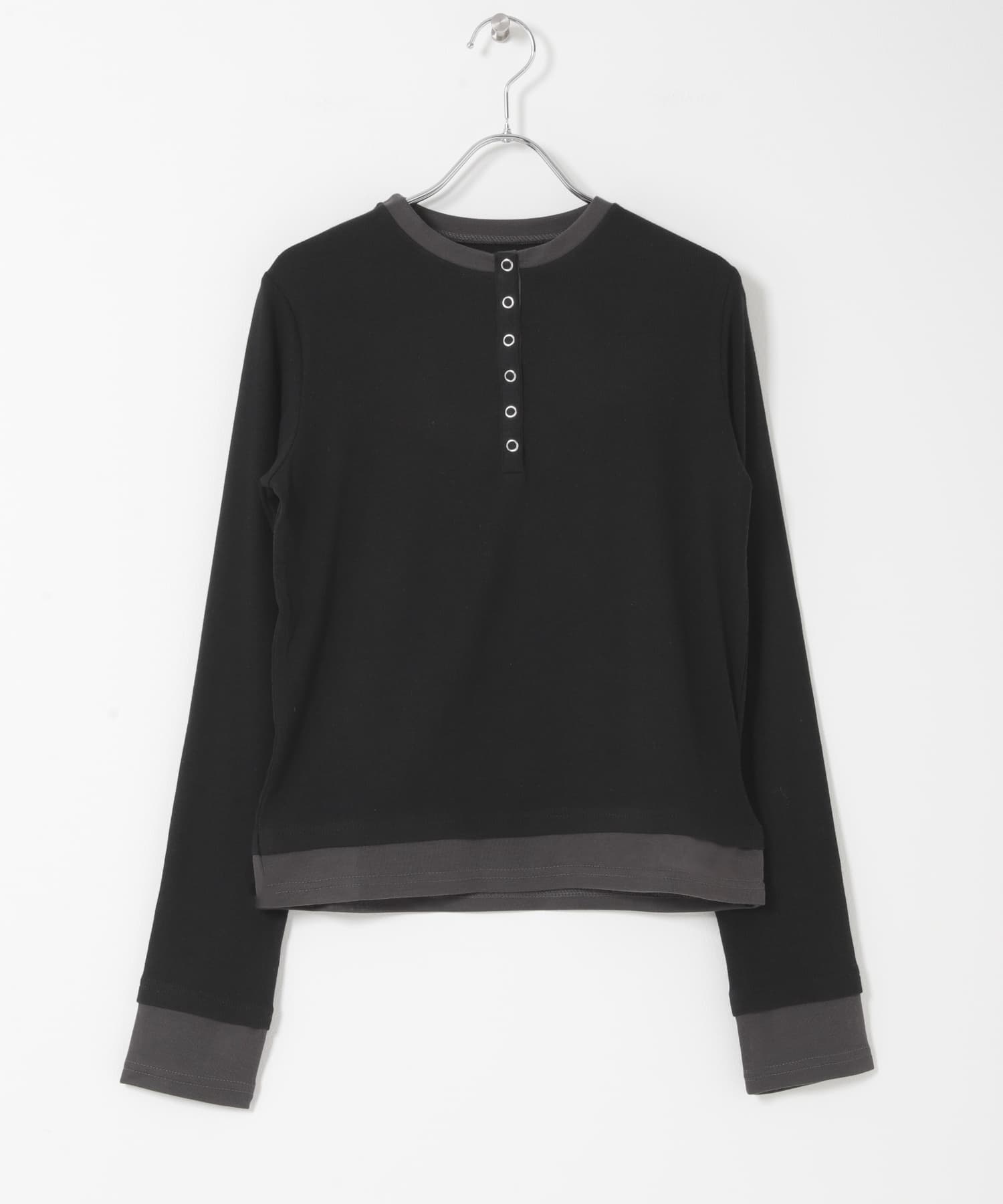 『洗濯可』ヘンリーネックレイヤードトップ BLACK One