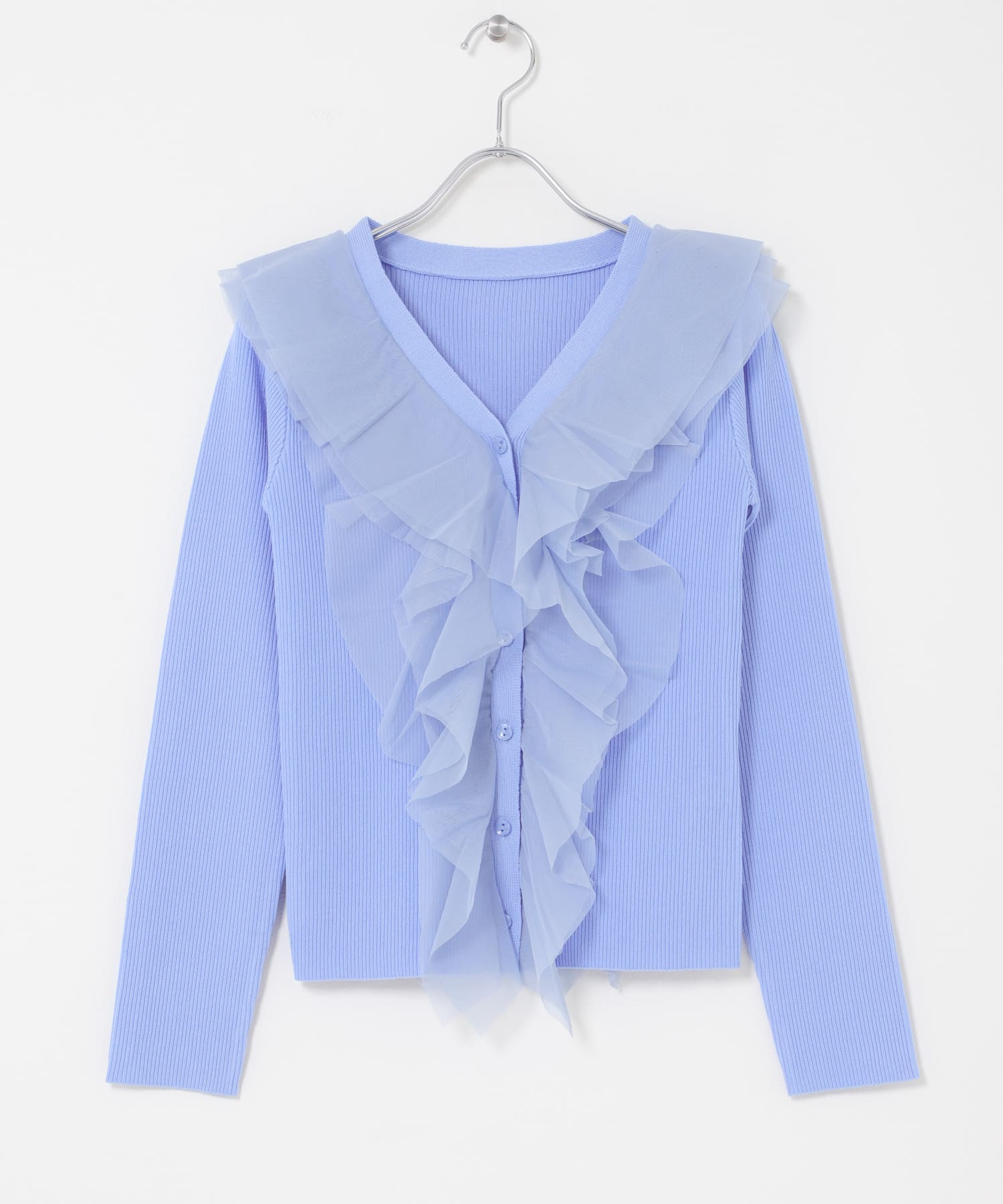 『洗濯可』チュールフリルニットカーディガン L.BLUE One
