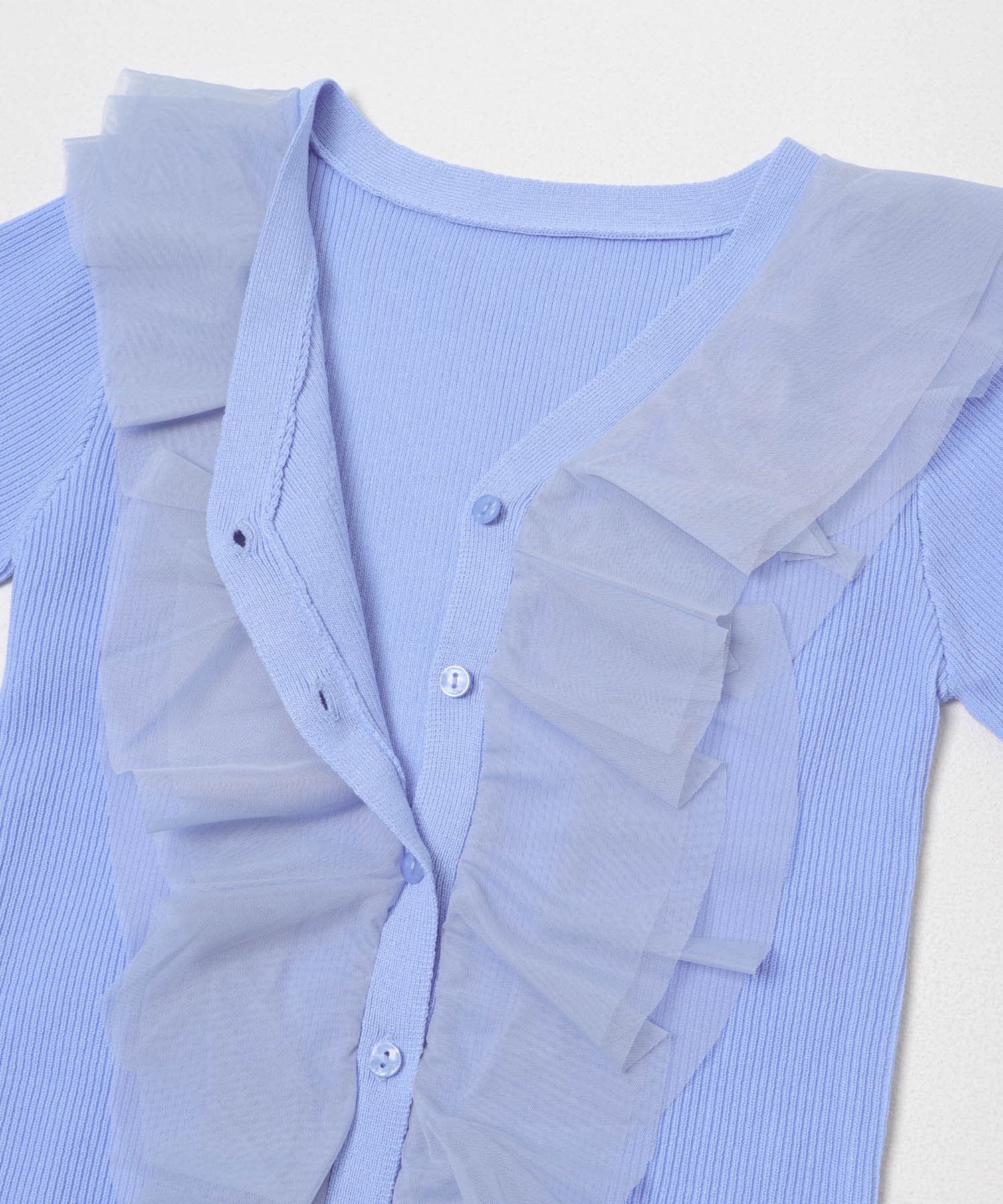 『洗濯可』チュールフリルニットカーディガン L.BLUE One