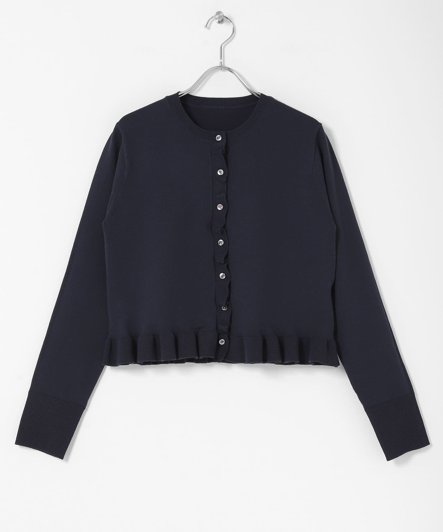 『洗濯可』フリルトリムニットカーディガン NAVY One