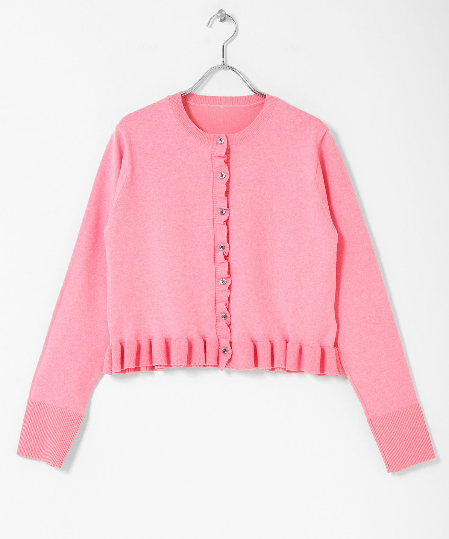 『洗濯可』フリルトリムニットカーディガン PINK One
