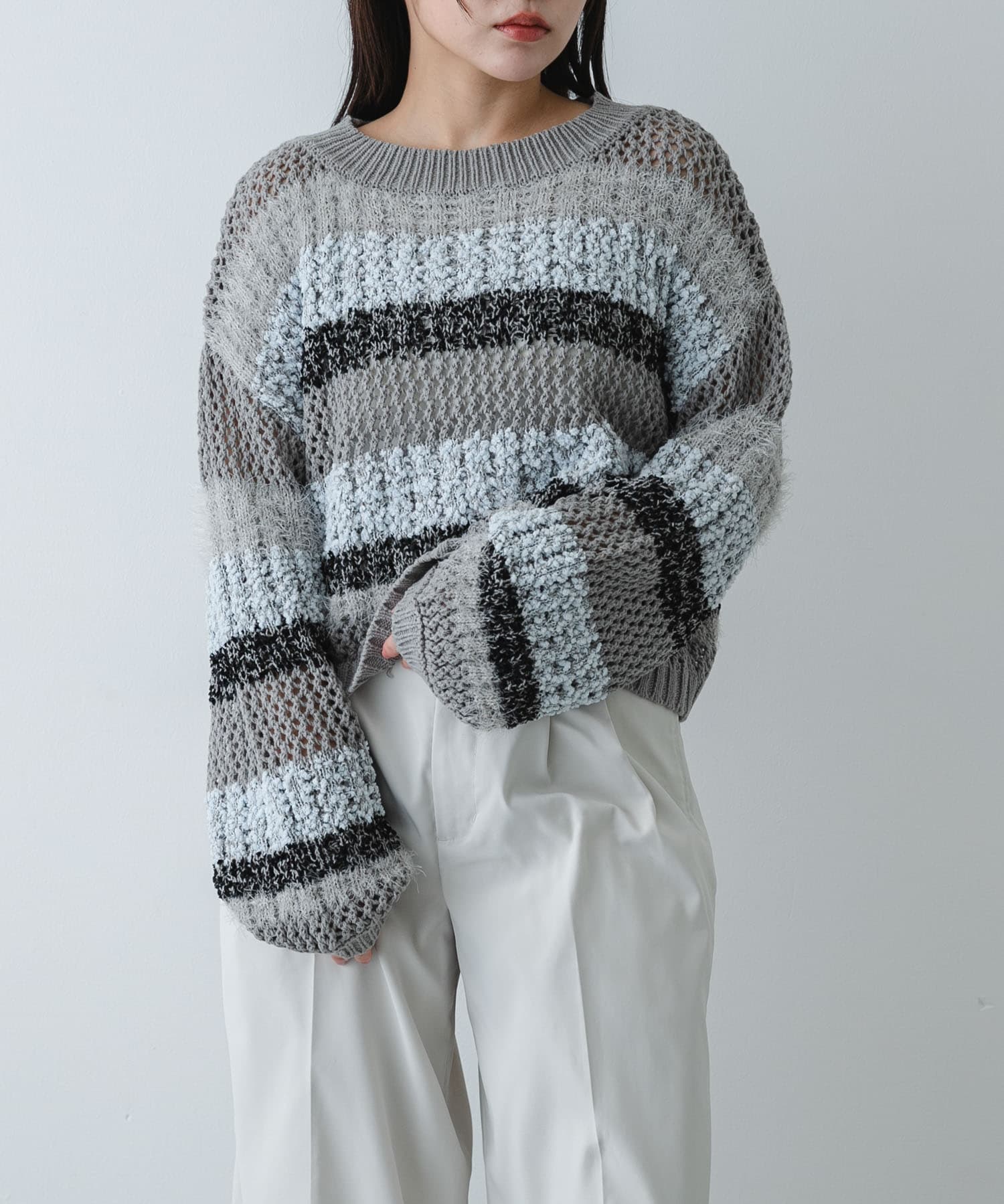 洗濯可』ミックスヤーンワイドボーダーニット(One GRY×L.BLU
