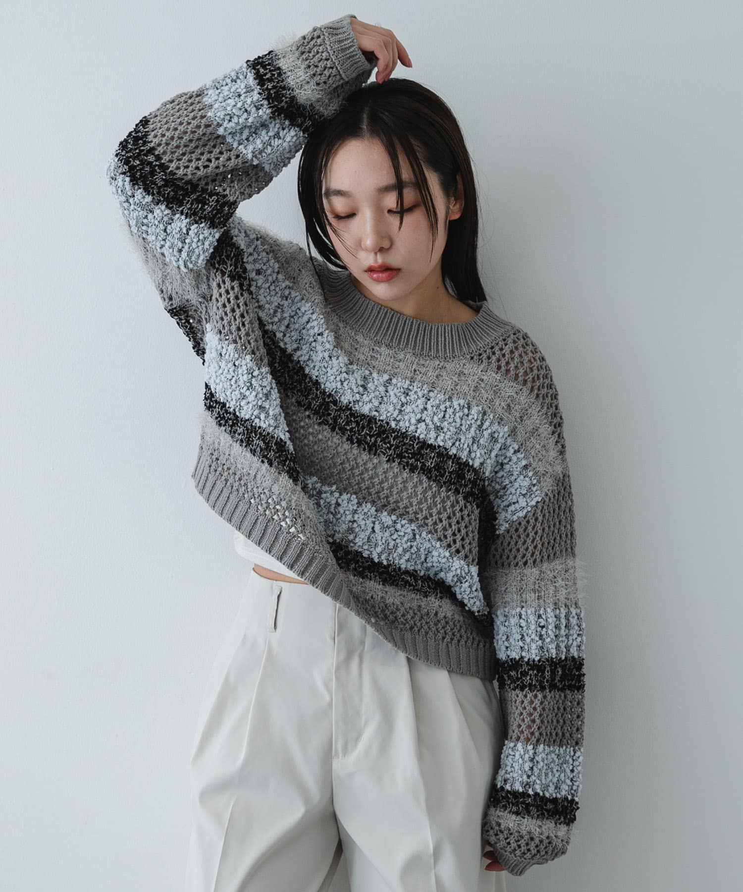 洗濯可』ミックスヤーンワイドボーダーニット(One GRY×L.BLU