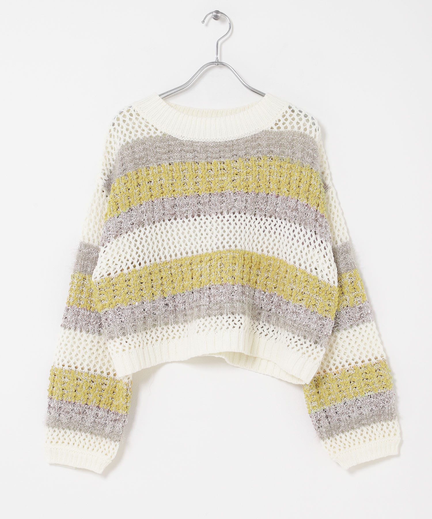 『洗濯可』ミックスヤーンワイドボーダーニット WHT×YEL One