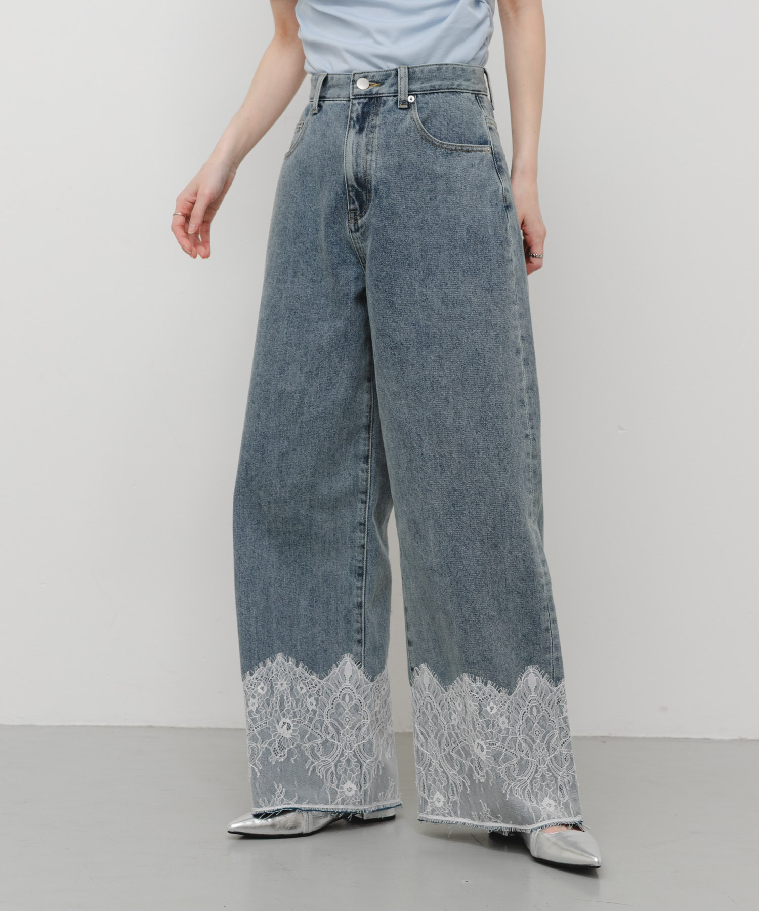 レースドッキングデニムパンツ