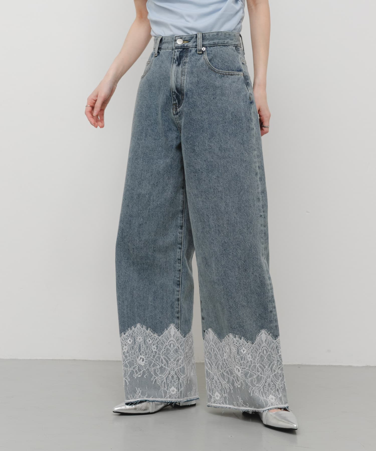 レースドッキングデニムパンツ
