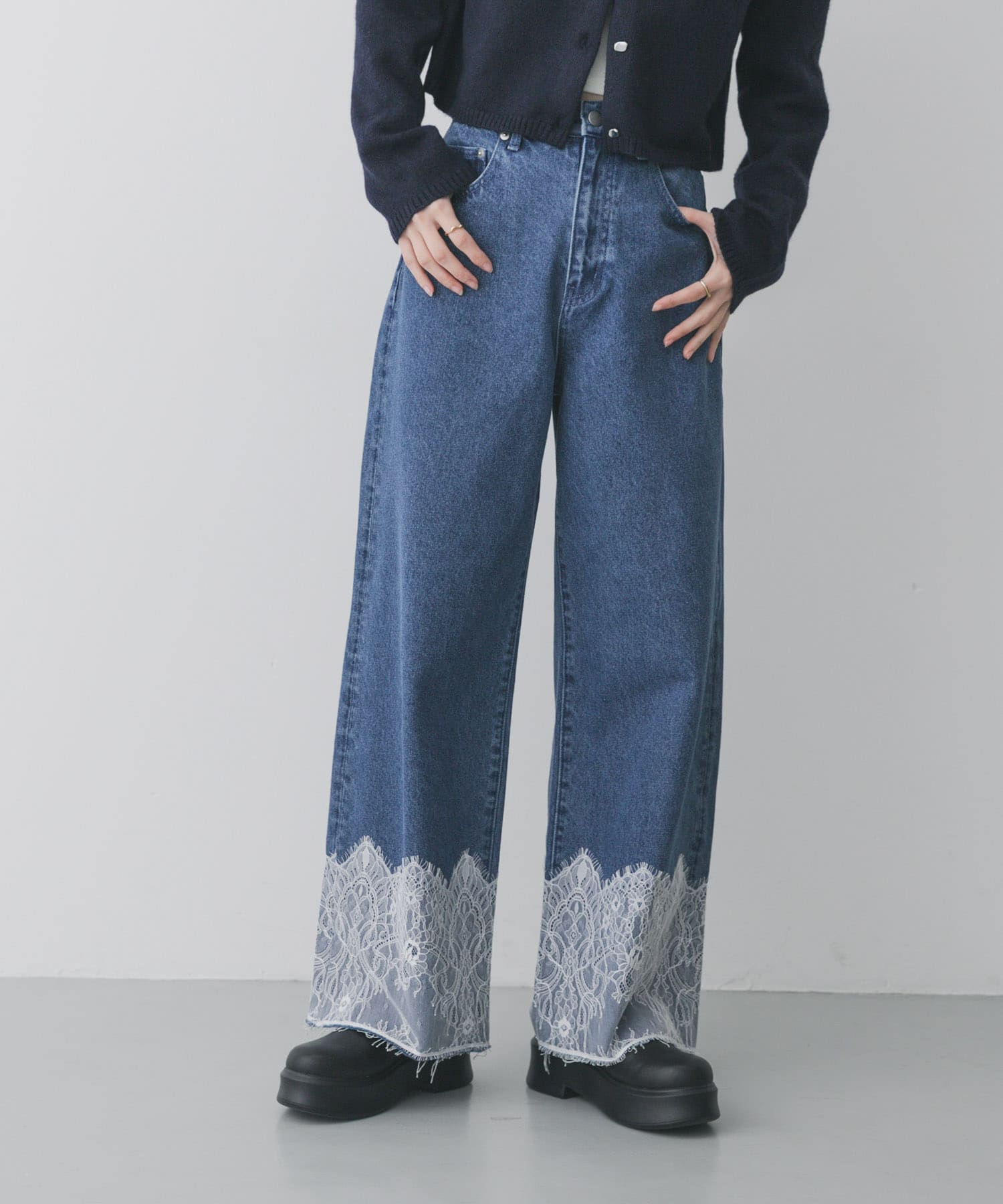 レースドッキングデニムパンツ