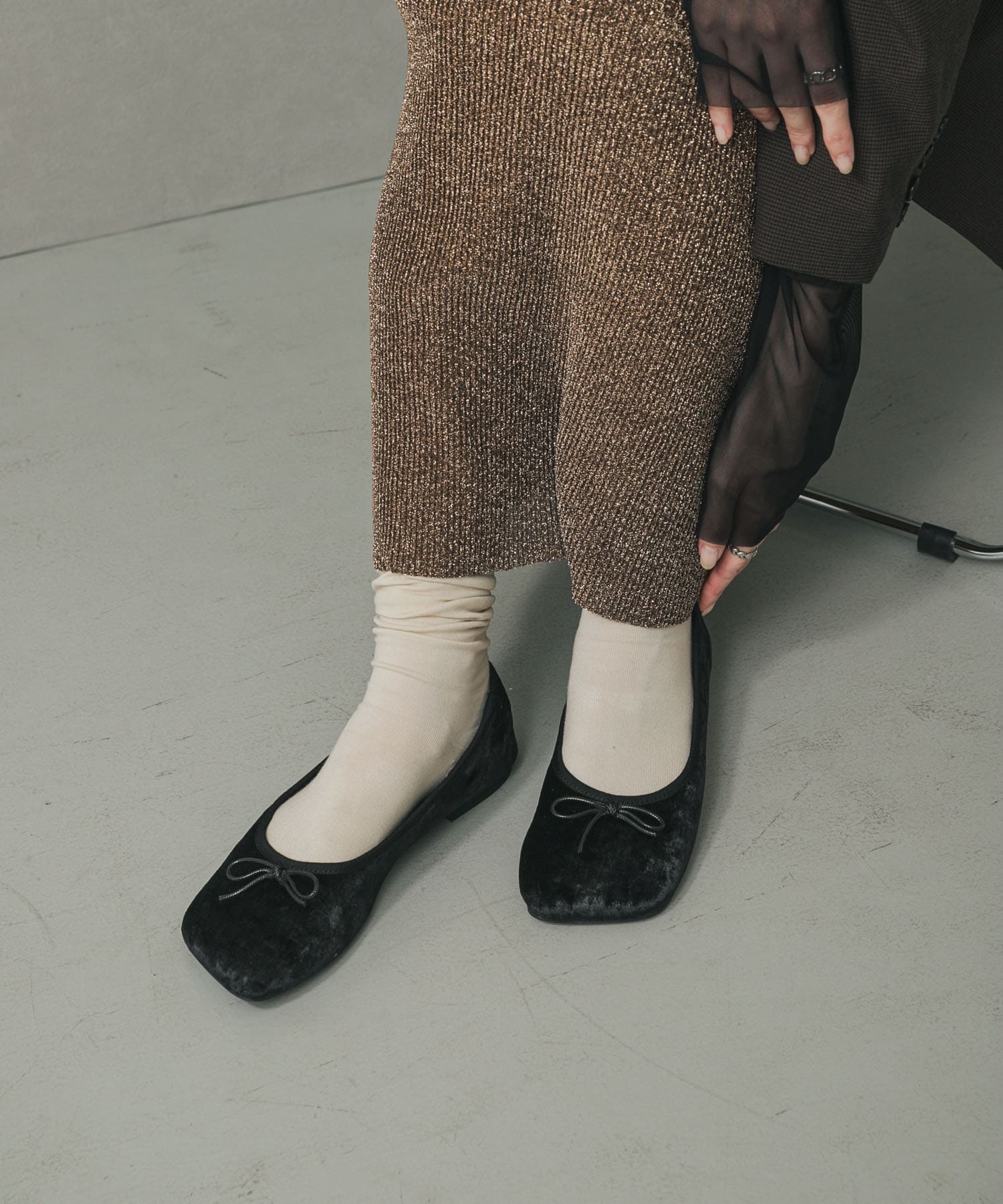 ベロアスクエアフラットシューズ BLACK S