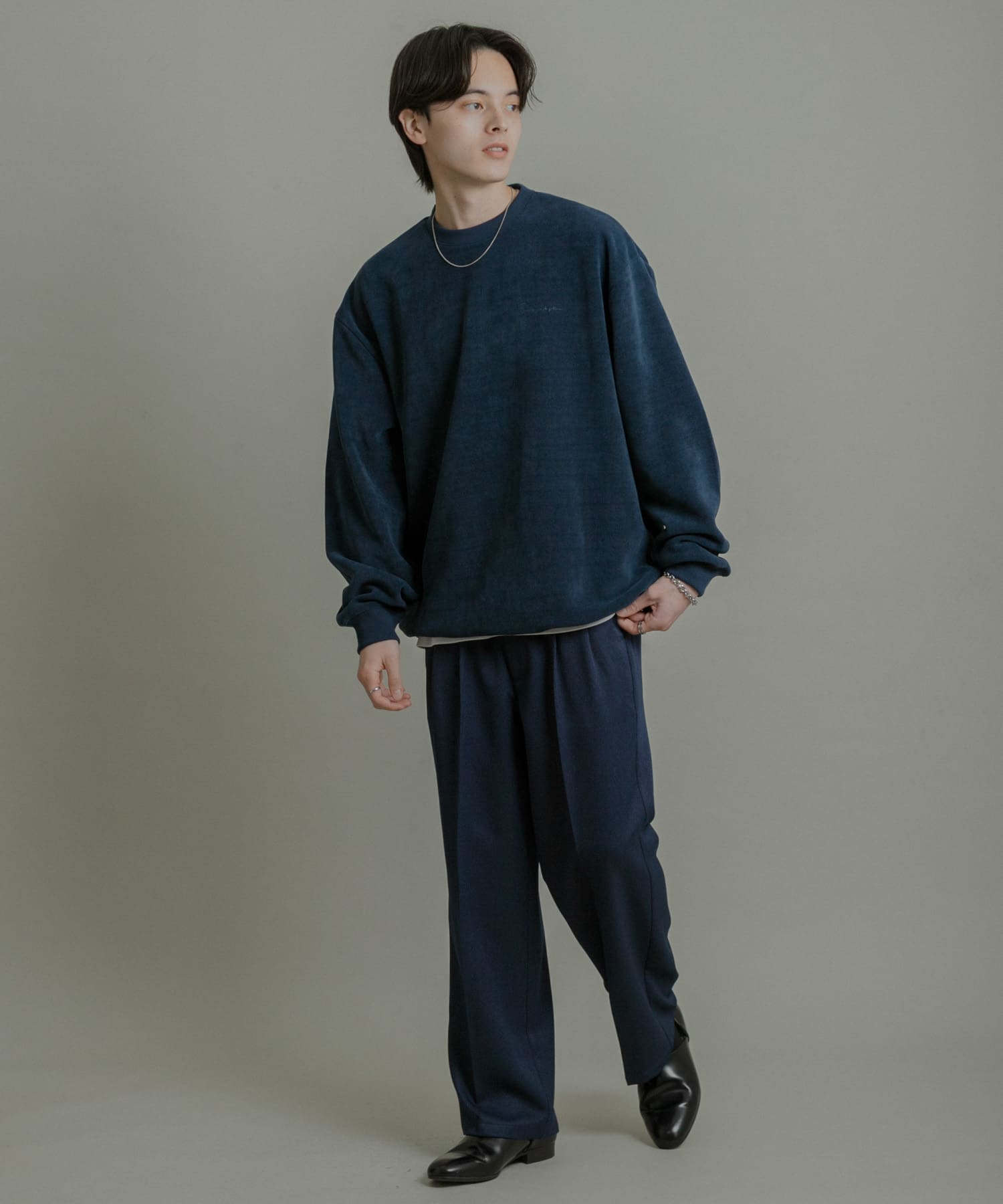ニットフリースクルーネックプルオーバー NAVY L